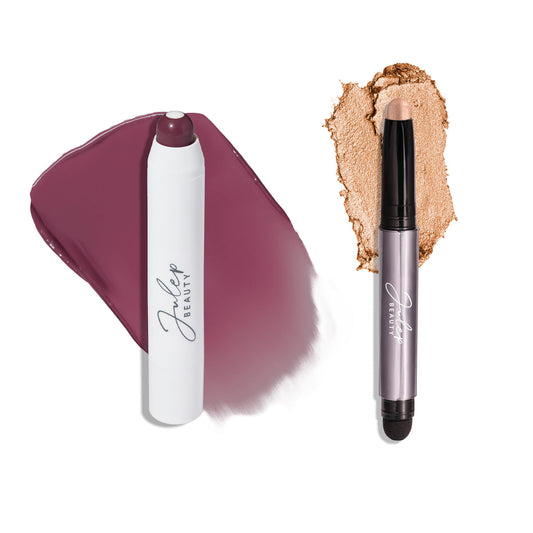 Julep Eyeshadow 101 Crème to Powder Waterproof Eyeshadow Stick, Champagne Shimmer & It's Balm Lip Balm Crayon, Full-Coverage Lipstick & Lip Moisturizer with Semi Gloss Finish, Grape Jelly