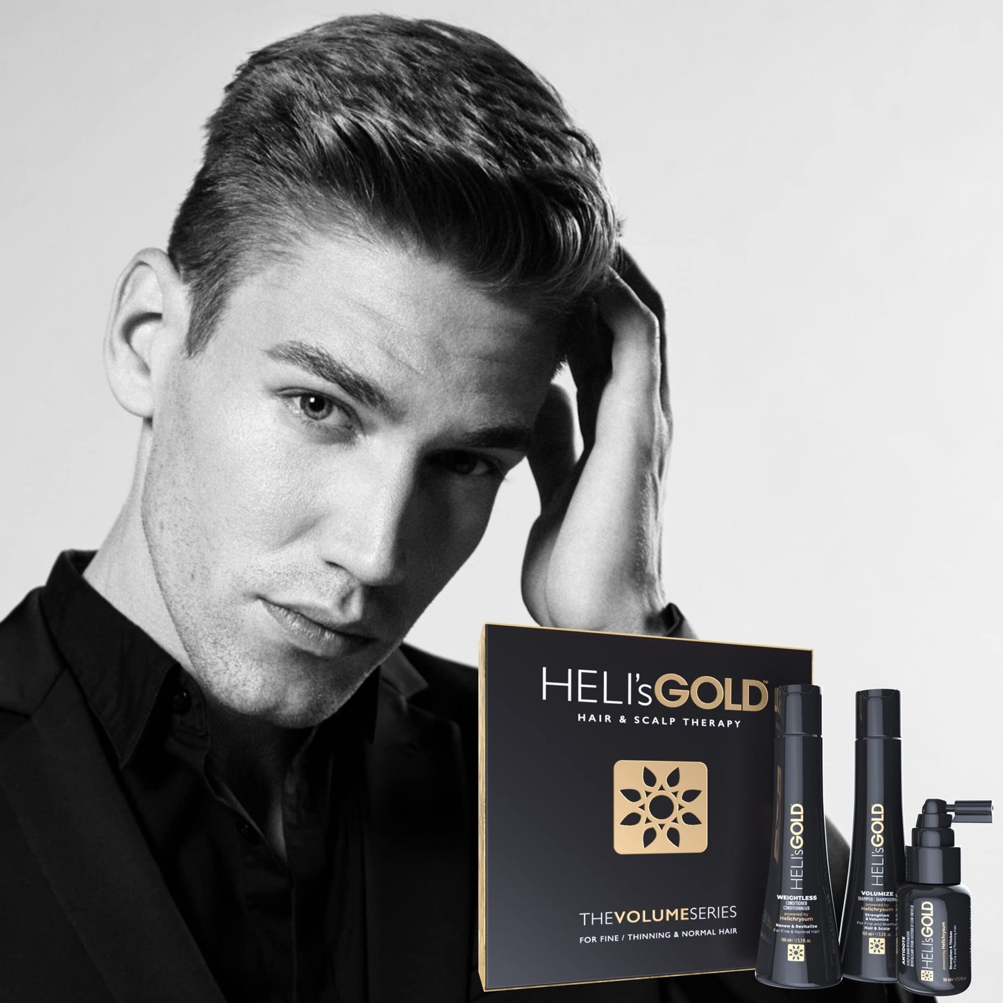 HELI's GOLD Volume Series Travel Kit - For Fine/Thin Hair - Strengthen/Repair - Volumize Shampoo - Weightless Conditioner - Scalp & Hair Revitalizer - Color Safe - 3pc