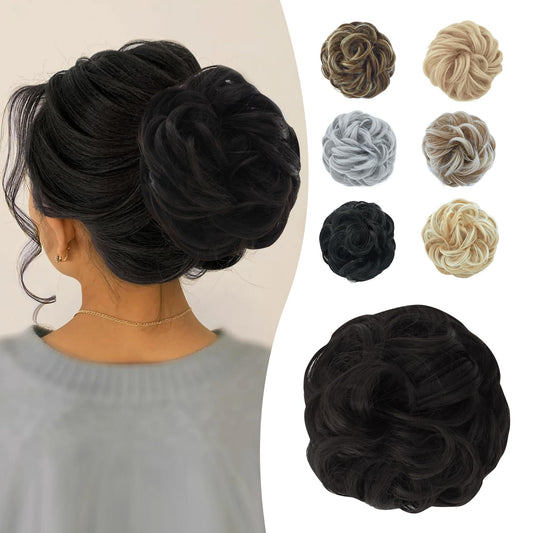 Lynclare Messy Bun Hair Piece Wavy Synthetic Hair Extension，Curly messy Bun Scrunchie Extensions for Women， Chignon Tousled Updo Ponytail Hairpieces with Elastic Rubber（Dark Brown）