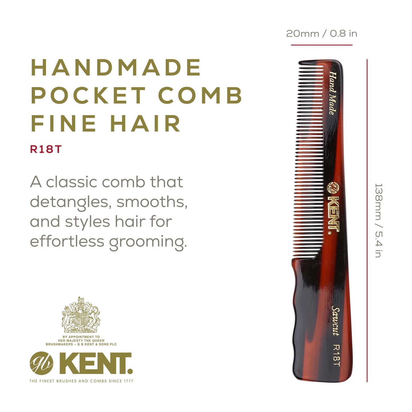 Kent Handmade Fine Tooth Hair and Mustache Comb for Men with Thumb Grip, Saw Cut and Polished - For Styling and Pocket, Made in England