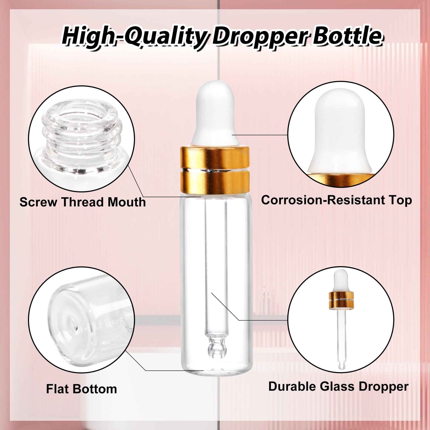 Comrzor 100 Pack 5ml Clear Glass Dropper Bottles with 4 Pcs Plastic Droppers, Mini Sample Dropper Bottles for Essential Oils Perfume Cosmetic Liquid, Empty Travel Sample Vials with Gold Cap