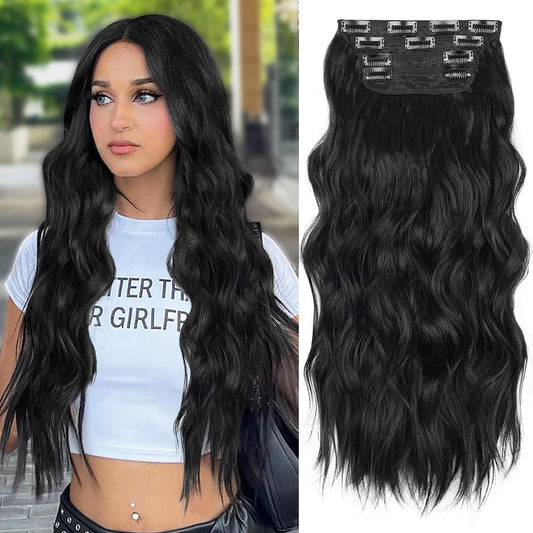 ALXNAN Clip in Long Wavy Synthetic Hair Extension 24 Inch Black 4PCS Thick Hairpieces Fiber Double Weft Hair for Women