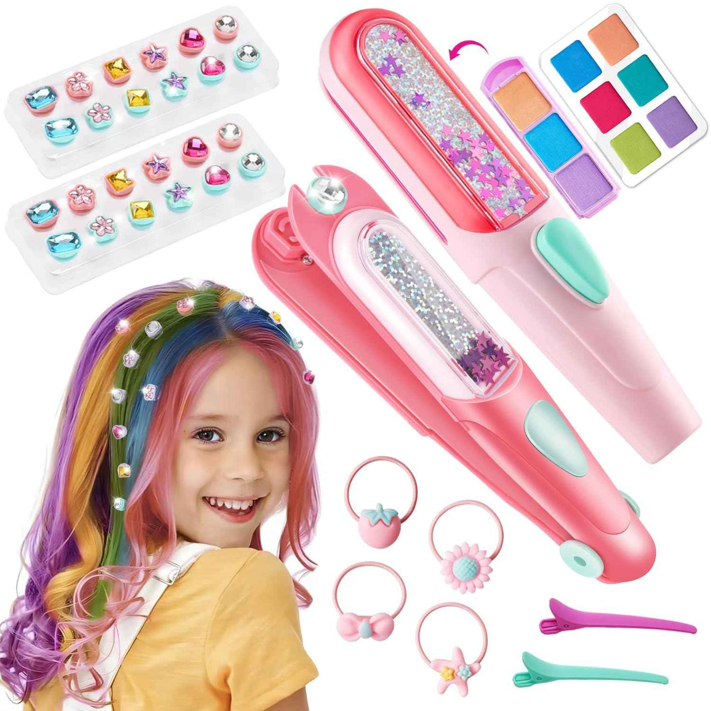 Temporary Hair Chalk with Hair Gem Stamper Kit, Hair Styling Tool with REUSABLE Shining Diamonds, Washable Hair Chalk Hair Color Dye for Girls, Toys Gifts for Girls 3 4 5 6 7-12