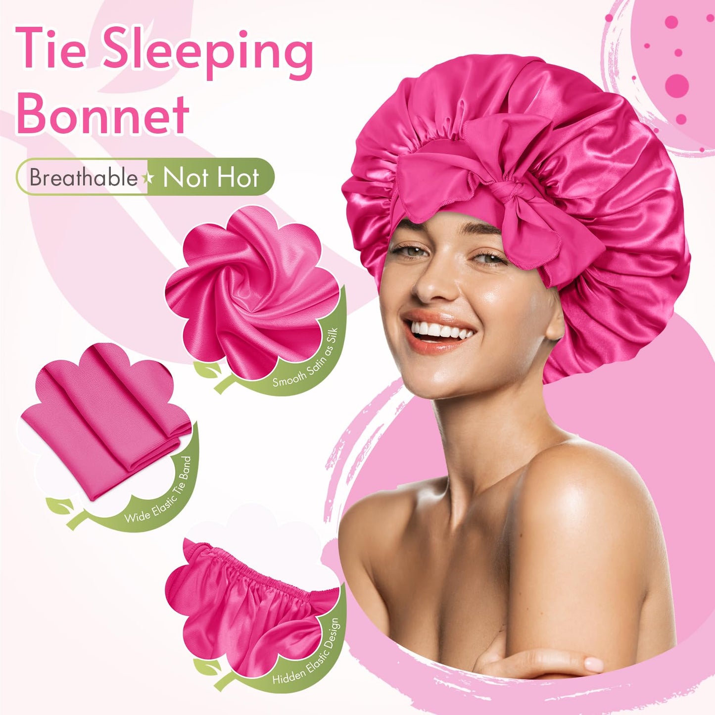 BONNET QUEEN Satin Bonnet Silk Bonnet for Sleeping Hair Bonnet Tie Bonnet for Women with Stretch Band Natural Hair Hot Pink