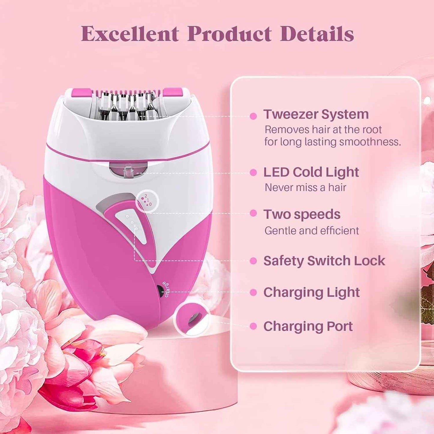 Epilator for Women, Smooth Glide Epilator Facial Hair Remover for Women with 2 Speed & LED Light, Electric Epilator for Women Facial Hair Removal Suitable for Face, Bikini Areas, Underarms, Arms, Legs