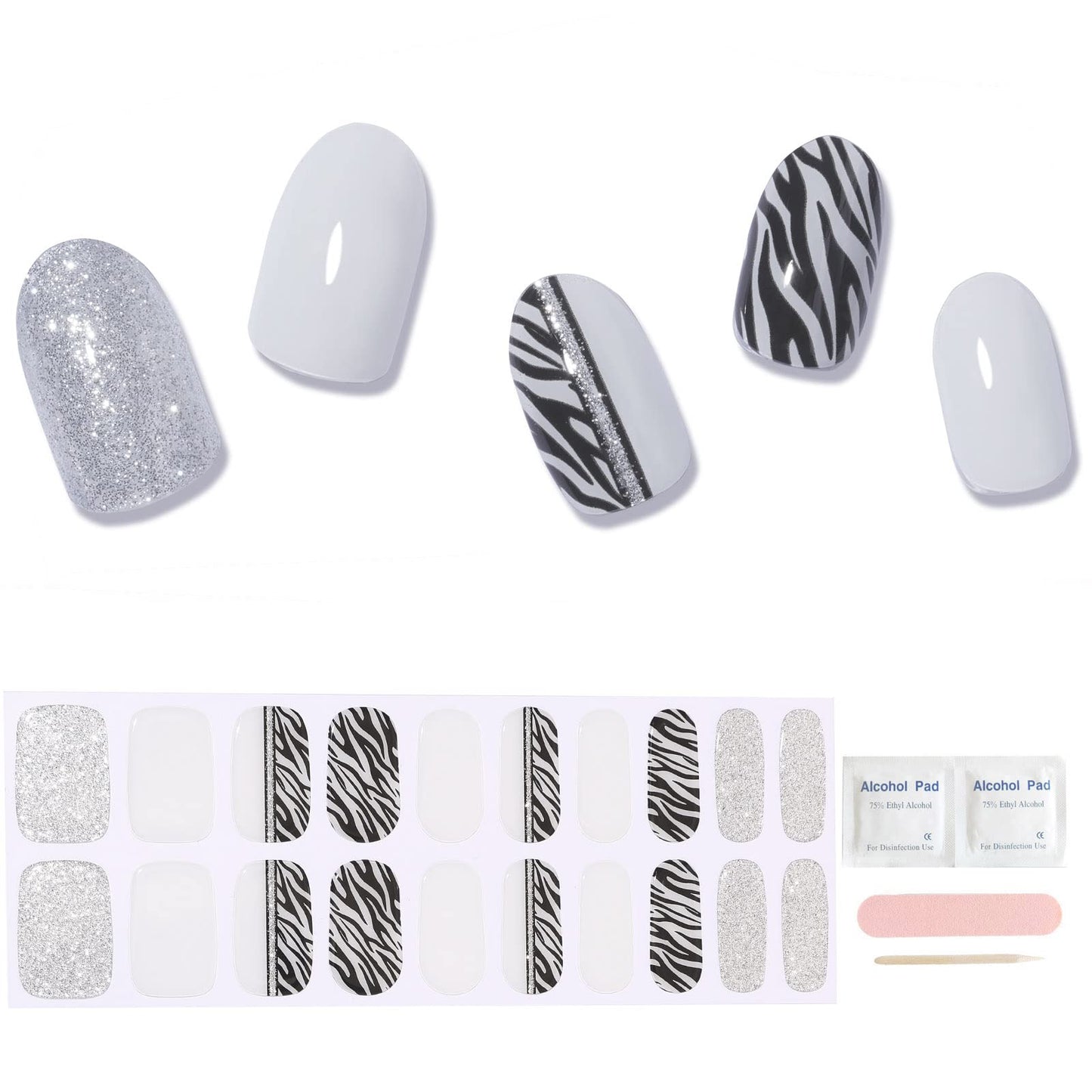 ACROIN Semi Cured Gel Nail Strips Nail Wraps 20 Stickers Need Cured, Salon-Quality, Long Lasting, Easy to Apply & Remove, Includes Cleaning Pad, Nail File, Wooden Stick - Zebra