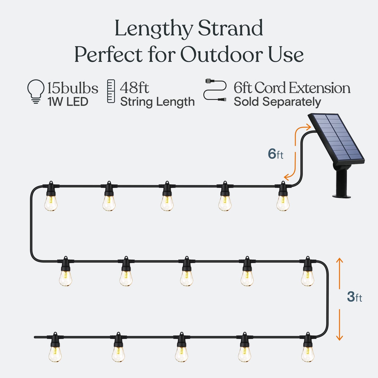 Brightech Ambience Pro Solar Powered Outdoor String Lights, 48 ft Commercial Grade Waterproof Patio Lights, 15 Edison Bulbs, Shatterproof LED String Lights for Outside, Porch - 1W Soft White