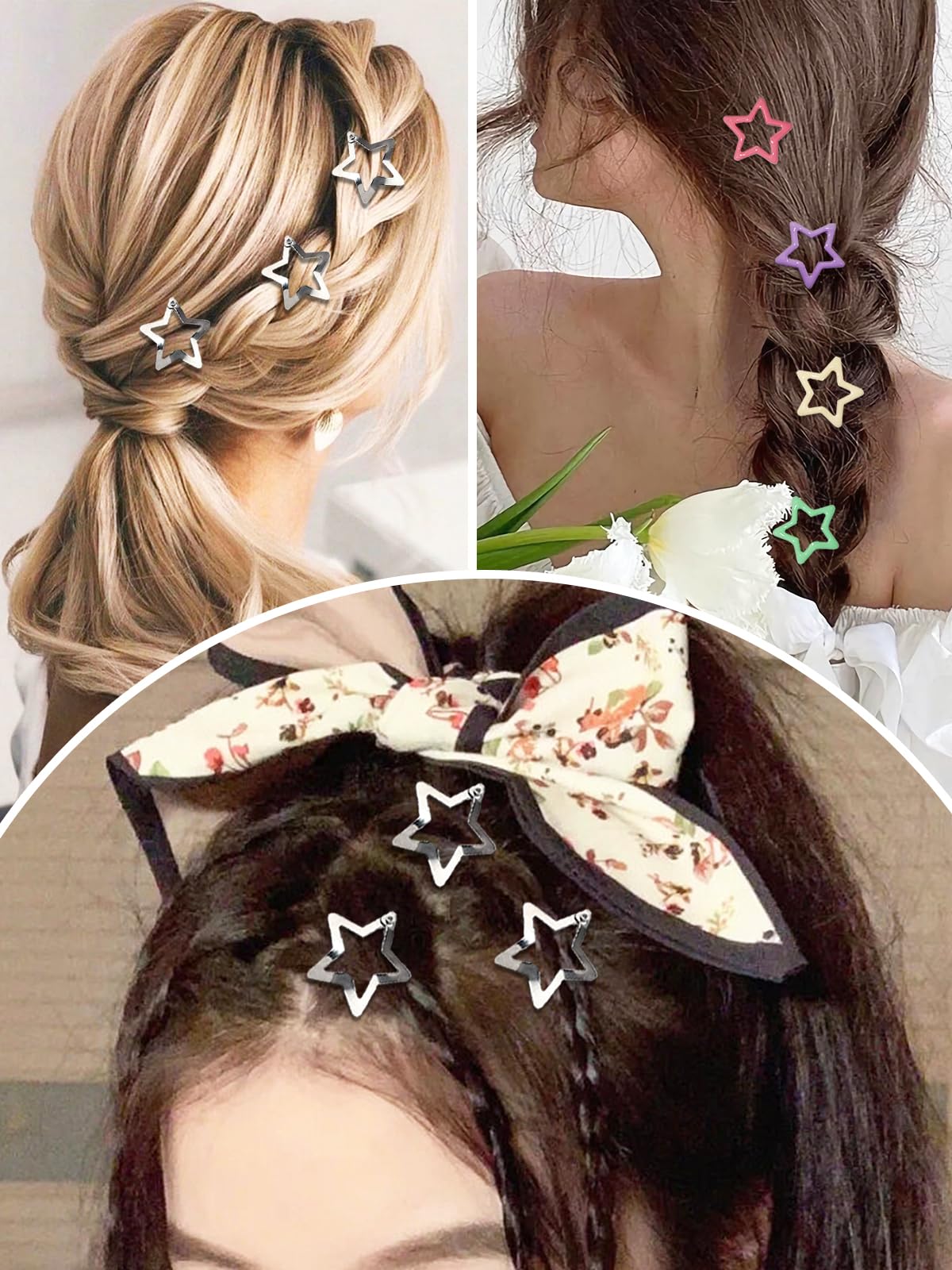 52PCS Star Hair Clips for Girls, CYHYII Star Snap Hair Clips Non-slip Hair Barrettes Silver Metal Colorful Cute Hairpins Hair Accessories for Women Kids Teens