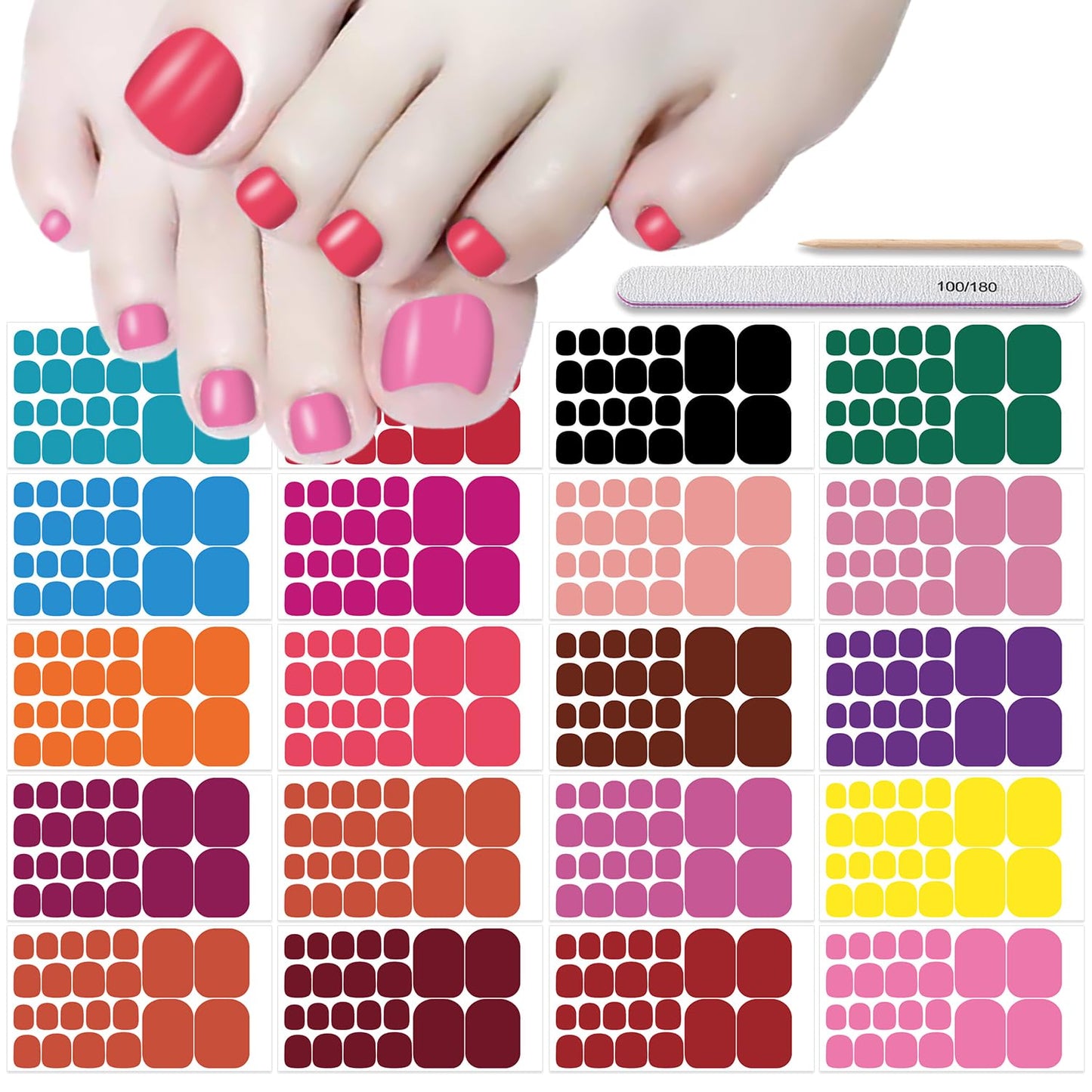 DANNEASY 20 Sheets Bright Color Toe Nail Stickers Full Nail Wraps Toenail Polish Strips for Women Adhesive Toes Nail Polish Stickers Gel Nail Strips with Nail File, Cuticle Stick