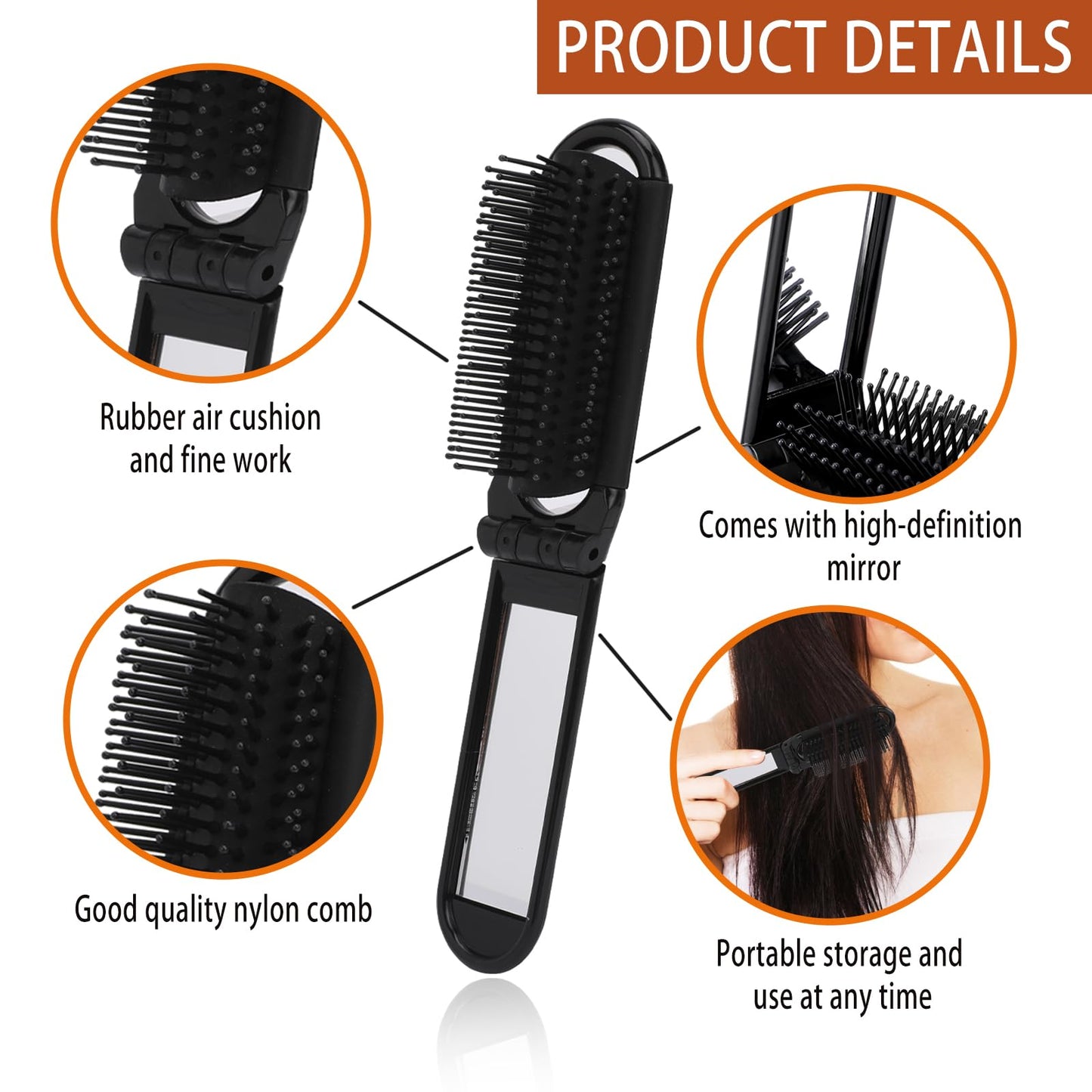 Portable Travel Hair Brush, Small Foldable Hairbrush Compact Hair Brush with Mirror and Round Tip Nylon Bristles for Women and Men, Mini Pocket Size Comb for Car Gym Bag Purse Locker (Black)