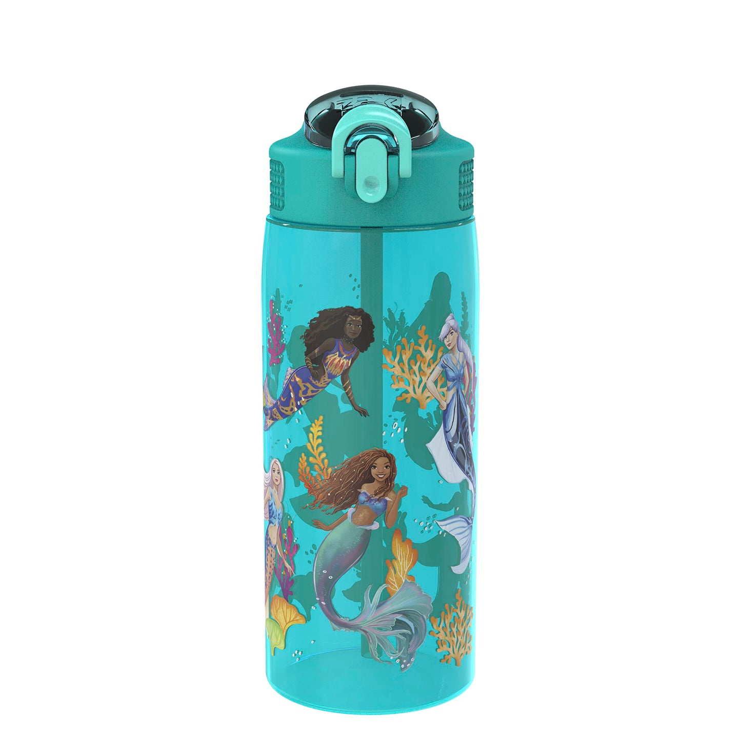 Zak Designs Disney The Little Mermaid 2023 Kids Water Bottle For School or Travel, 25oz, Durable Plastic, with Pop-Up Antimicrobial Spout and Cover, Handle, and Leak-Proof (Ariel and Sisters)