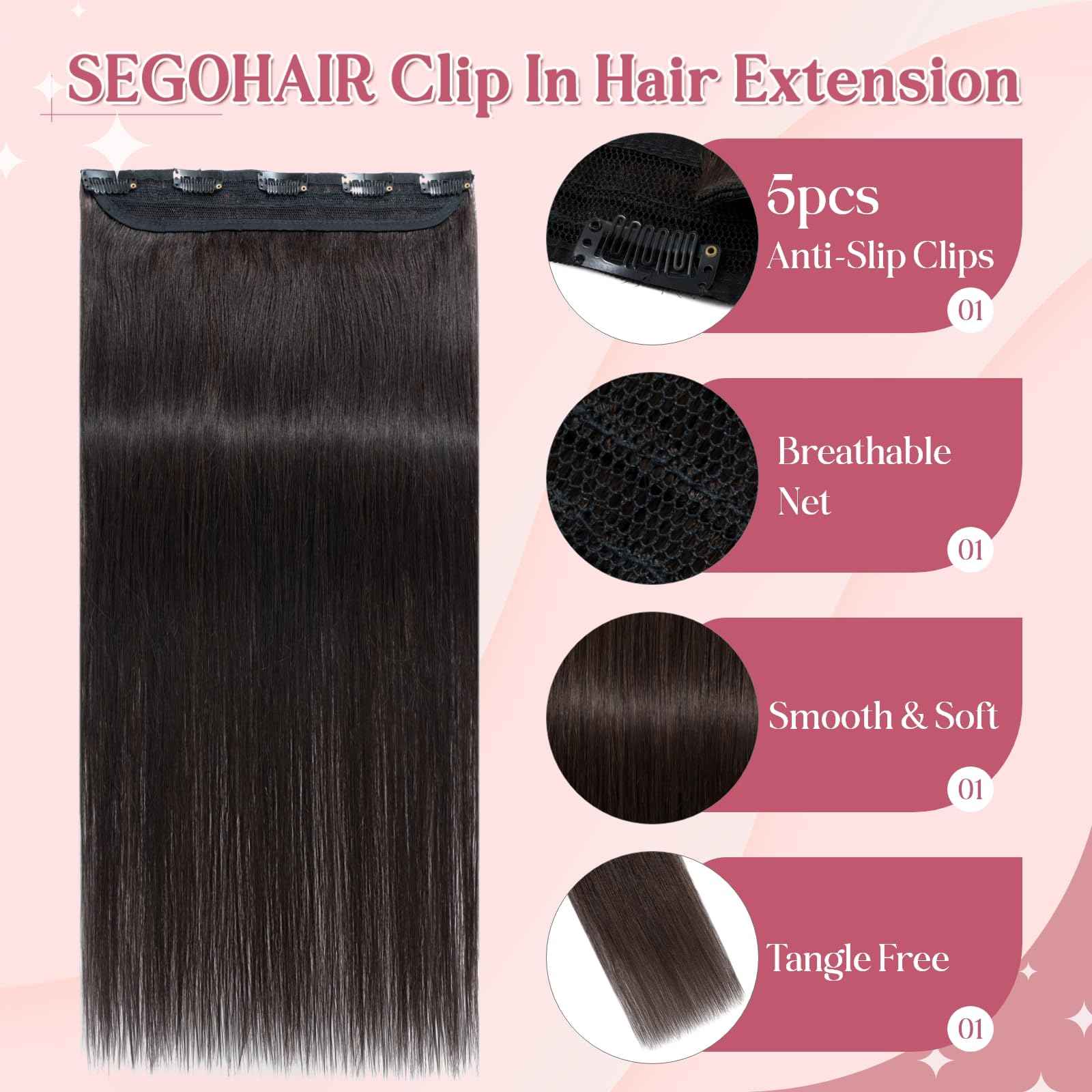 SEGOHAIR Clip In Hair Extensions for women One Piece 5 Clips Real Human Remy Hair Extension Long Straight Hairpieces for women 16 Inches #02 Dark Brown