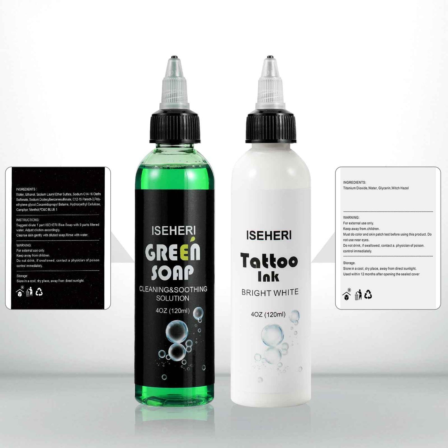 ISEHERI - Professional White Tattoo Ink & Ultra Concentrated Green Soap Tattoo, 4 oz with Foaming Bottle - Premium Quality Kit for Tattoo Artists