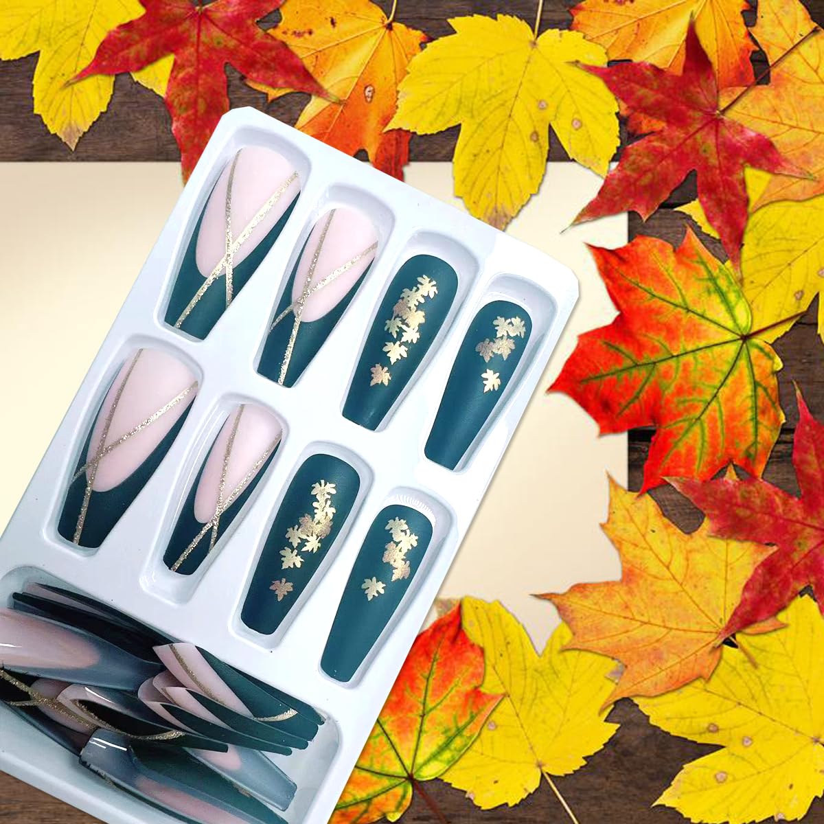 24Pcs Fall Press on Nails Long Coffin with Black French Maple Leaf Design Maple Leaves Fake Nails Press on Full Cover Stick on Nails Autumn Thanksgiving Manicure Tips for Women Girls