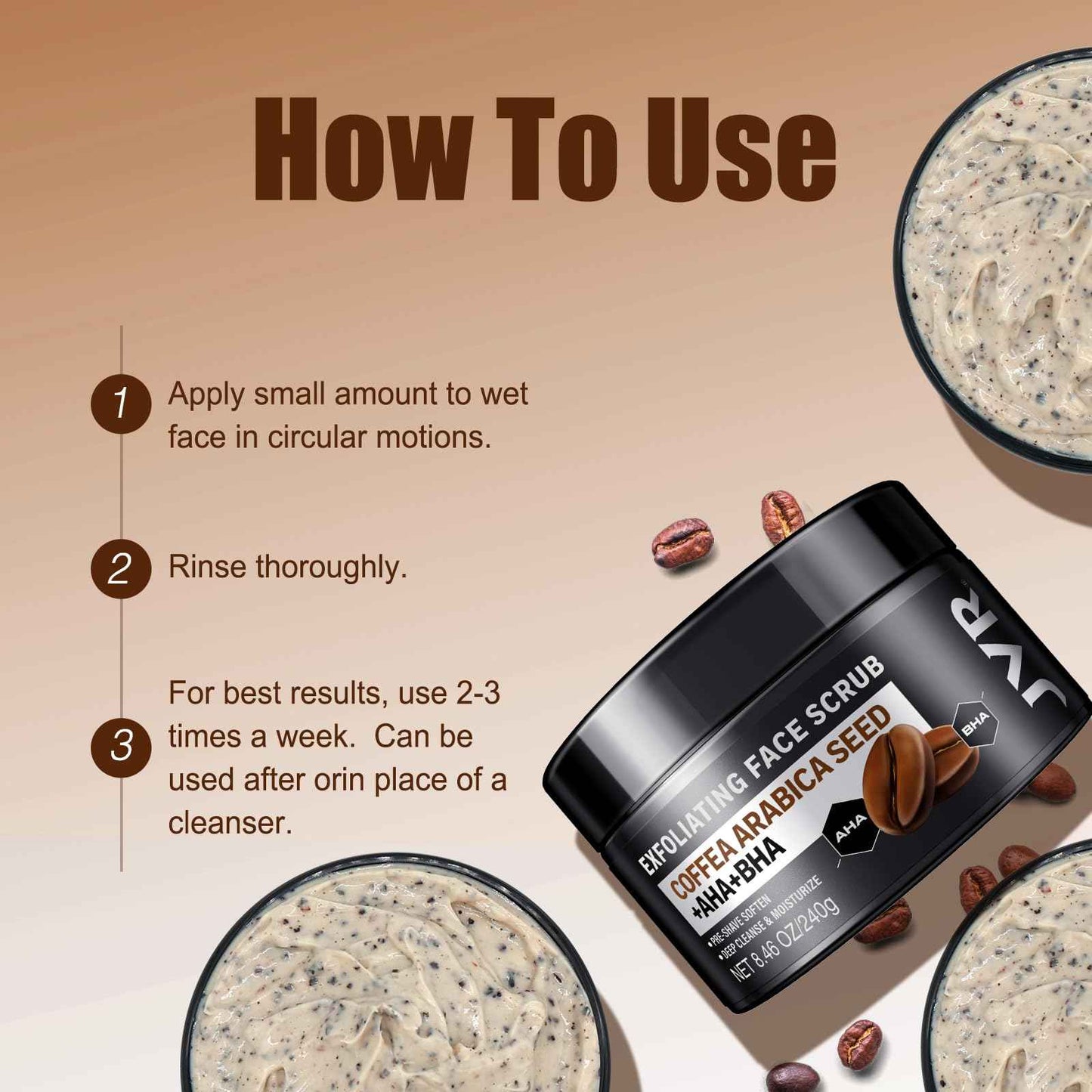 Face Scrub for Men, Facial Scrub for Deep Exfoliating, Cleansing, Removing Blackheads, Ingrown Hairs, Pre-shave Soften, Organic Formulated with Coffee Extract, AHA and BHA Face Exfoliator (8.46 oz)