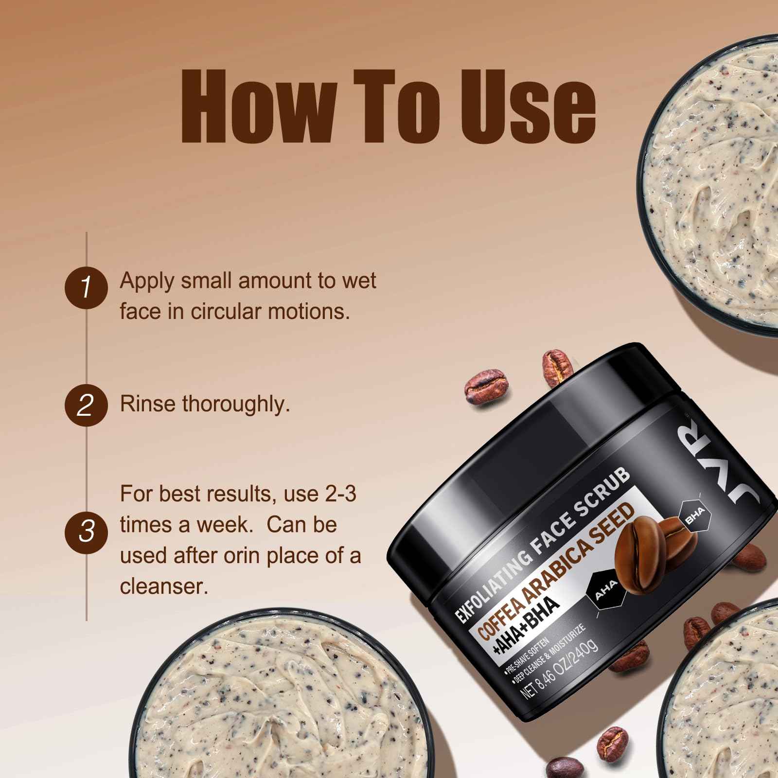 Face Scrub for Men, Facial Scrub for Deep Exfoliating, Cleansing, Removing Blackheads, Ingrown Hairs, Pre-shave Soften, Organic Formulated with Coffee Extract, AHA and BHA Face Exfoliator (8.46 oz)