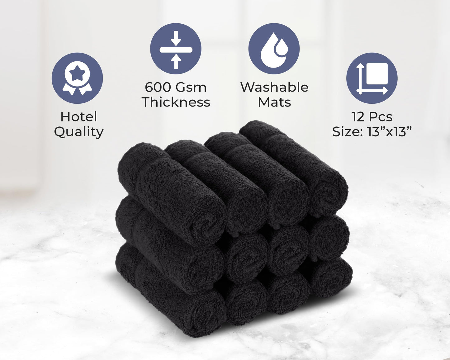 Hawmam Linen Luxury Cotton Washcloths 13x13 Inch - Large Hotel Spa Bathroom Face Towel | 12 Pack | Black