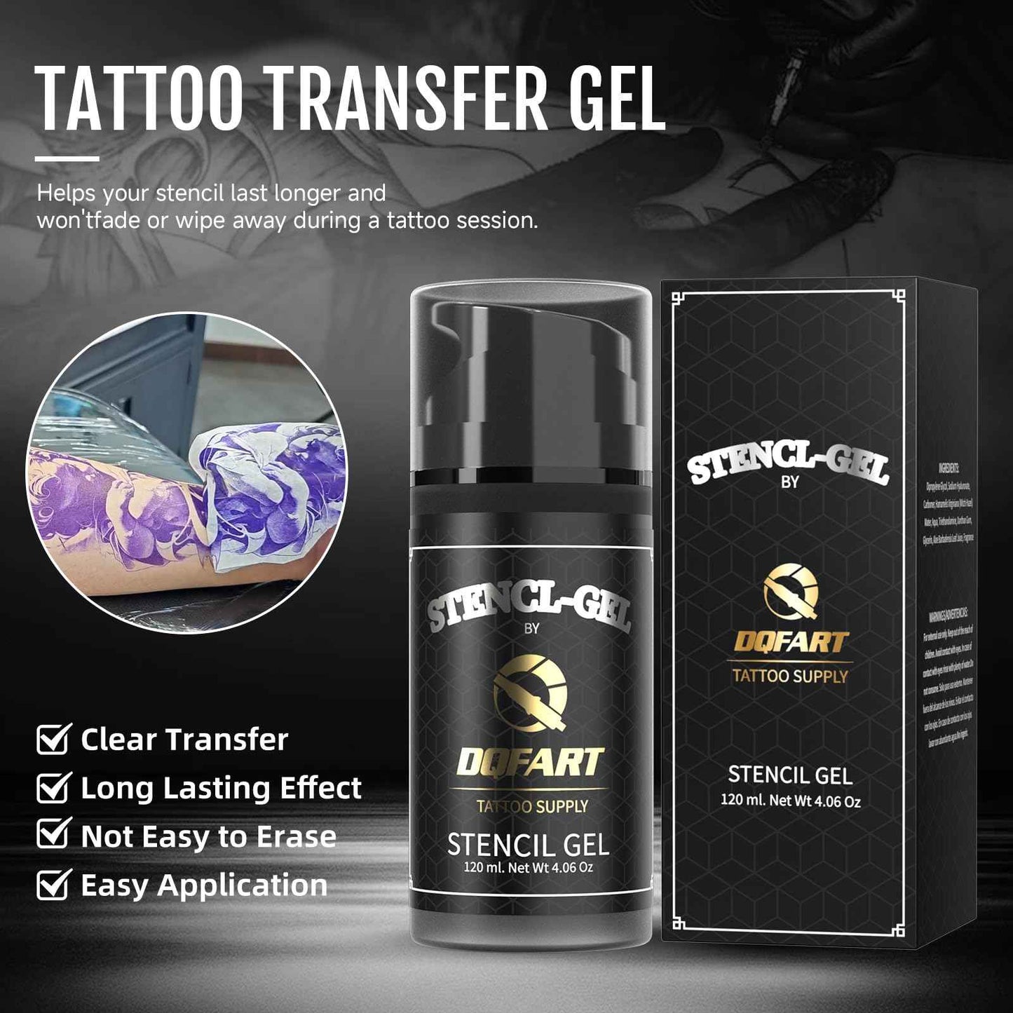 Professional Tattoo Stencil Transfer Gel, Black, 120mL/4.06oz, 250mL/8.4oz Bottles, Premium Application Solution (120ml/4OZ)