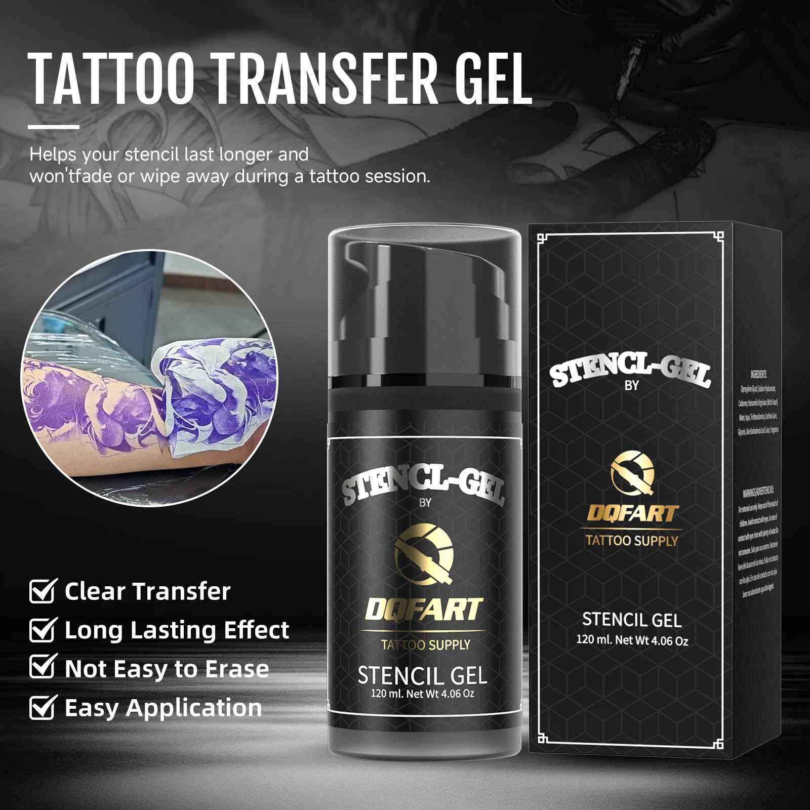 Professional Tattoo Stencil Transfer Gel, Black, 120mL/4.06oz, 250mL/8.4oz Bottles, Premium Application Solution (120ml/4OZ)