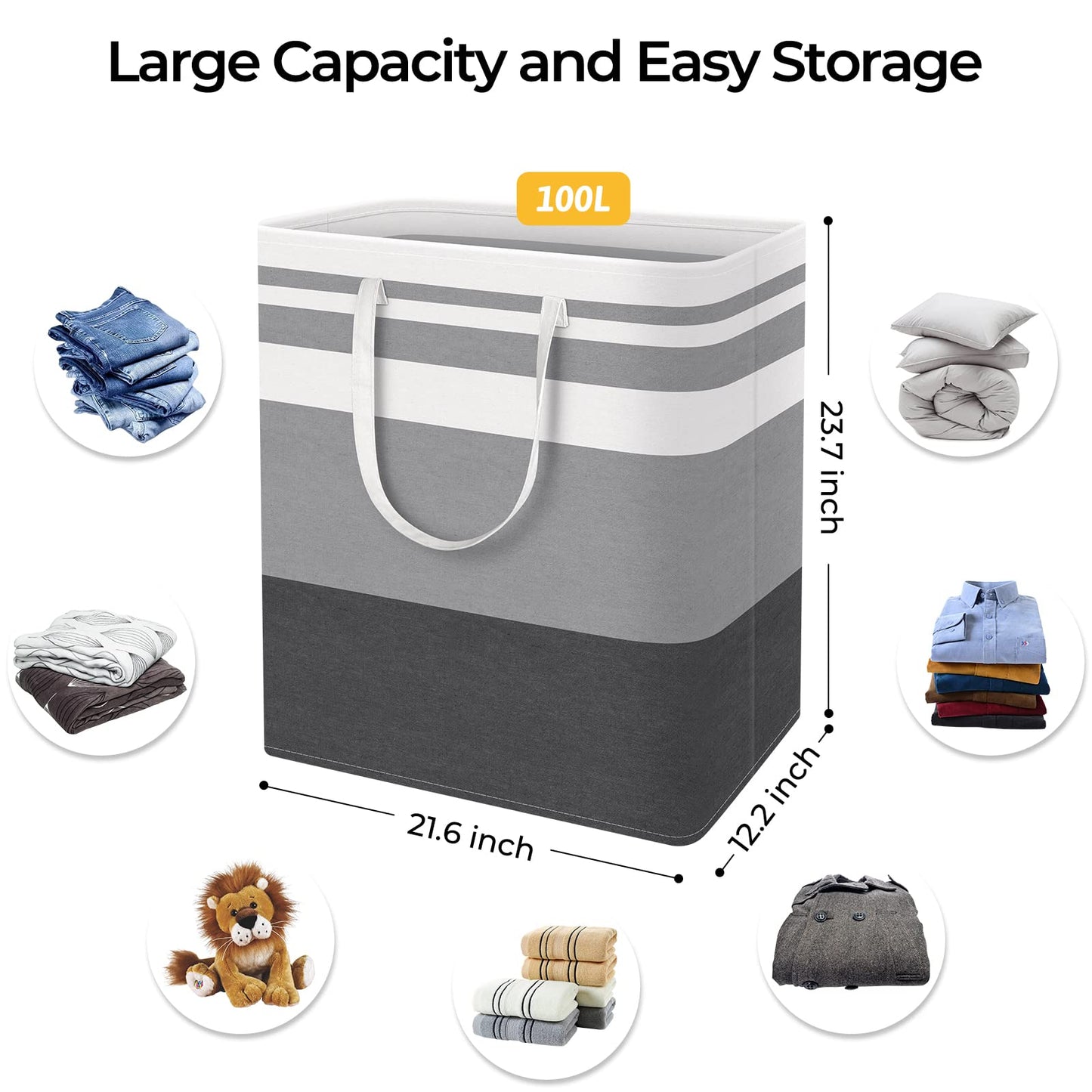 HomeHacks 1-Pack Large Laundry Basket,Waterproof, Freestanding Laundry Hamper, Collapsible Tall Clothes Hamper with Extended Handles for Clothes Toys in The Dorm and Family-(Gradient Grey, 100L)