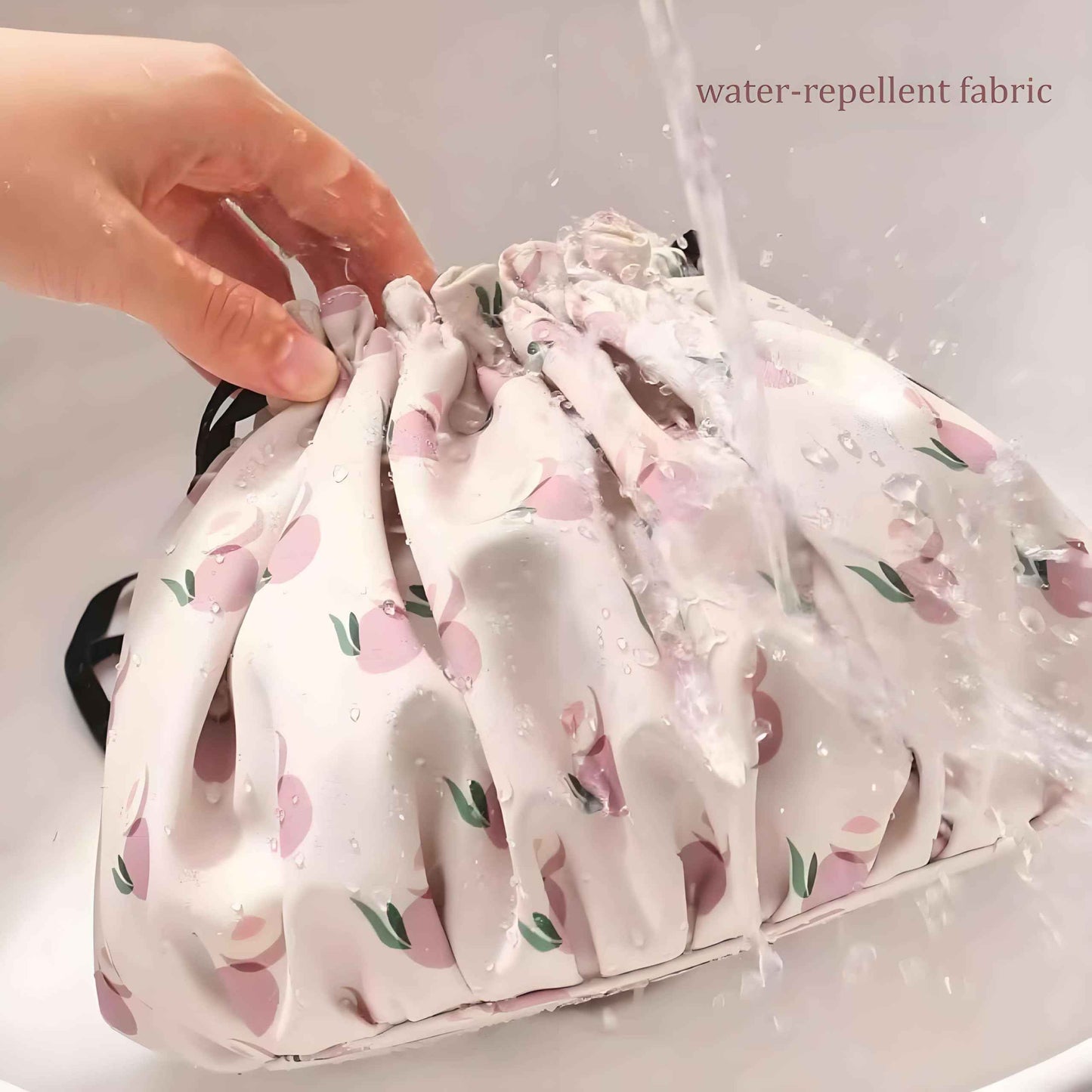 Large Capacity Drawstring Makeup Bag - Lightweight Oxford Fabric Cosmetic Organizer with Fruit Print, Travel Toiletry Pouch for Women & Beauty Lovers (Portable, Effortless Storage)(Peach powder)