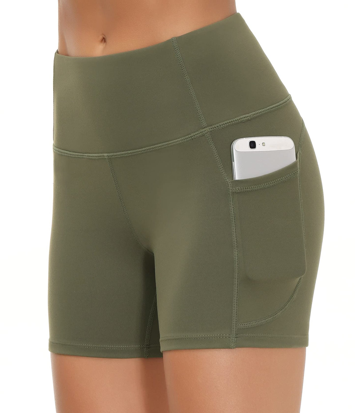 THE GYM PEOPLE High Waist Yoga Shorts for Women's Tummy Control Fitness Athletic Workout Running Shorts with Deep Pockets (Small, Olive Green)