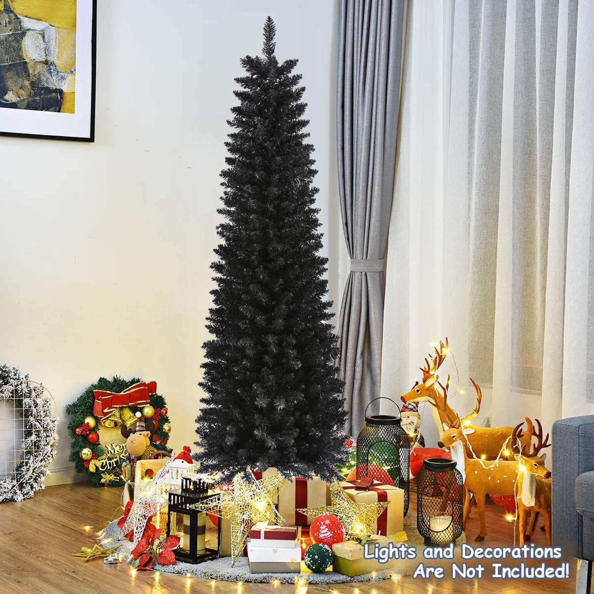 658 Tips Artificial Pencil Christmas Tree Halloween Tree, 6ft Pure Black Xmas Hallowmas Pine Trees with Metal Stand Perfect for Christmas/Halloween/Easter/Parties/Holiday Indoor Outdoor Decoration