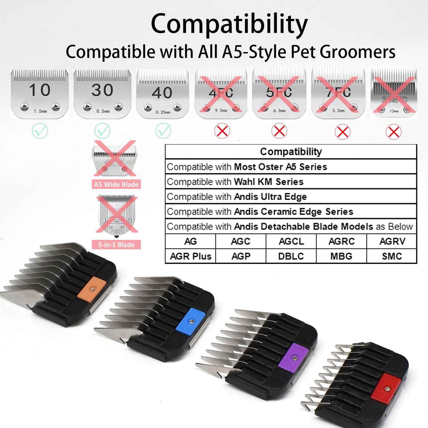 4 Pieces Animal Stainless Steel Attachment Guide Guard Combs for A5 Style Detachable Blade Pet Groomers, 1/8", 1/4", 3/8", 1/2" Compatible with Wahl KM Series Andis AG BG Oster A5 A6 Animal Clippers