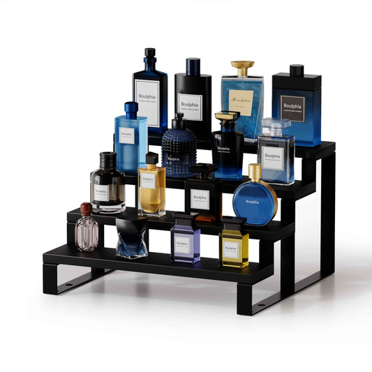 Boulphia Cologne Organizer for Men, 12 Inch Wood Cologne Stand 4 Tier Perfume Organizer for Dresser, Versatile Step Display Stand Shelf for Fragrance, Skincare, Figurine, Dessert, 1 Set Black