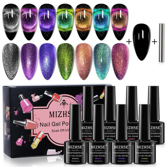 MIZHSE 2 In 1 9D Cat Eye Gel Nail Polish Kit, Upgraded No Need Extra Top Coat, Magnetic Gel Polish Set with Magnet, Shiny Chameleon Magic Galaxy Effect Soak Off Gel Nail Art Gift for Women