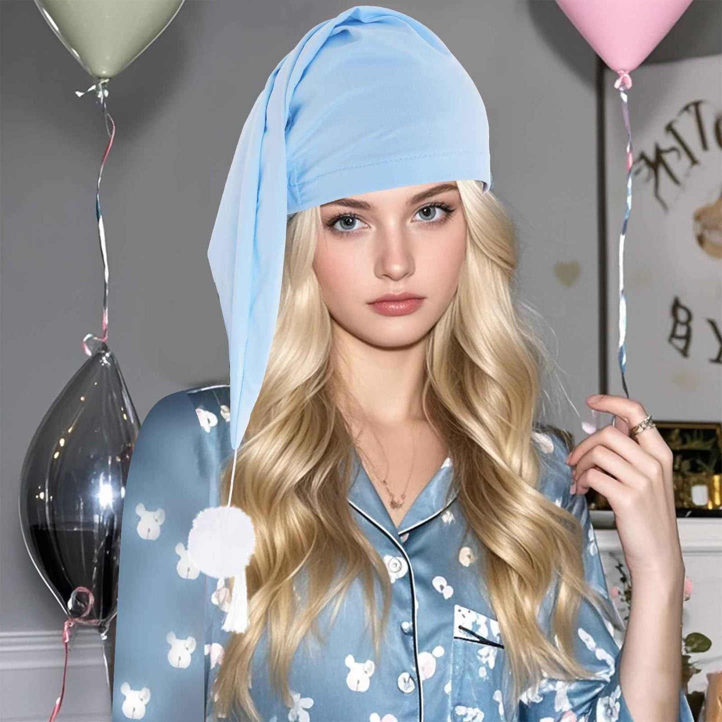 cnomg 2pcs Men's Night Sleeping Cap Adjustable Pajama Cap with Pom Ball and Tassel Women Daily Use (US, Alpha, Medium, White, lighht Blue)