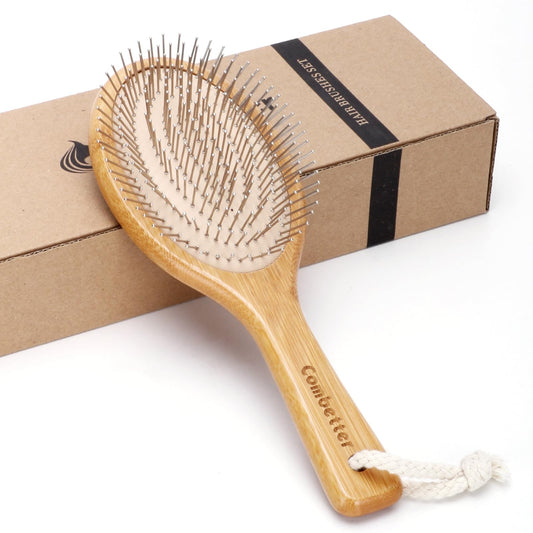 Bamboo Hair Brush Combetter, Smoothing Hair&Massage, Detangling Anti-Static Hairbrush, Natural Wood Comb with Metal Bristles for Women, Men & Children