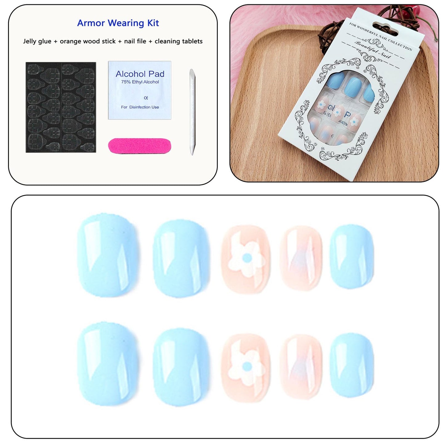 Short Press on Nails Square Cute Blue Nails Acrylic False Nails with White Flower Full Cover Design Artificial Fake Nails Summer Reusable Gel Stick on Nails for Women and Girls