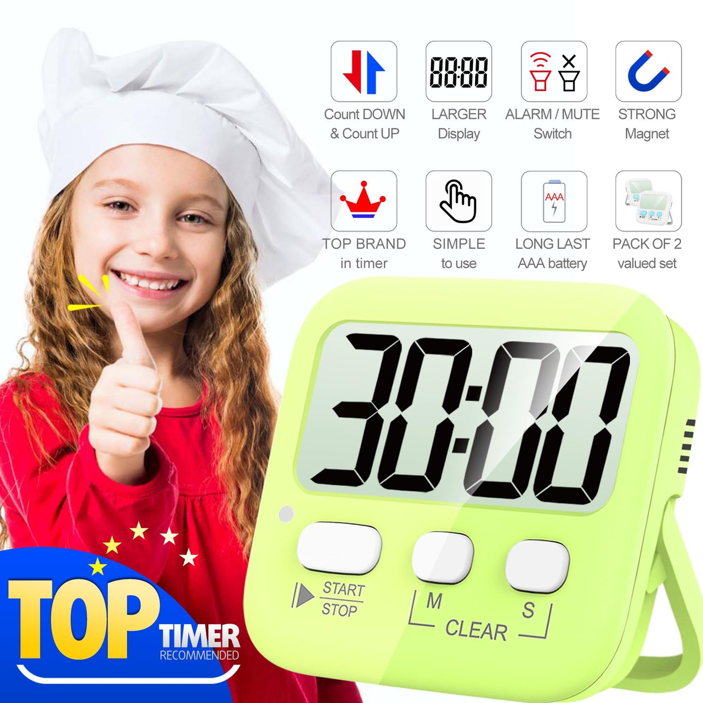 Antonki Timer, 2 Pack Timer for Kids, Kitchen Timers, Digital Timer for Cooking, Egg Timer, Classroom Timer for Teacher, Magnetic Countdown Timer for Exercise, Study, Oven - Battery Included