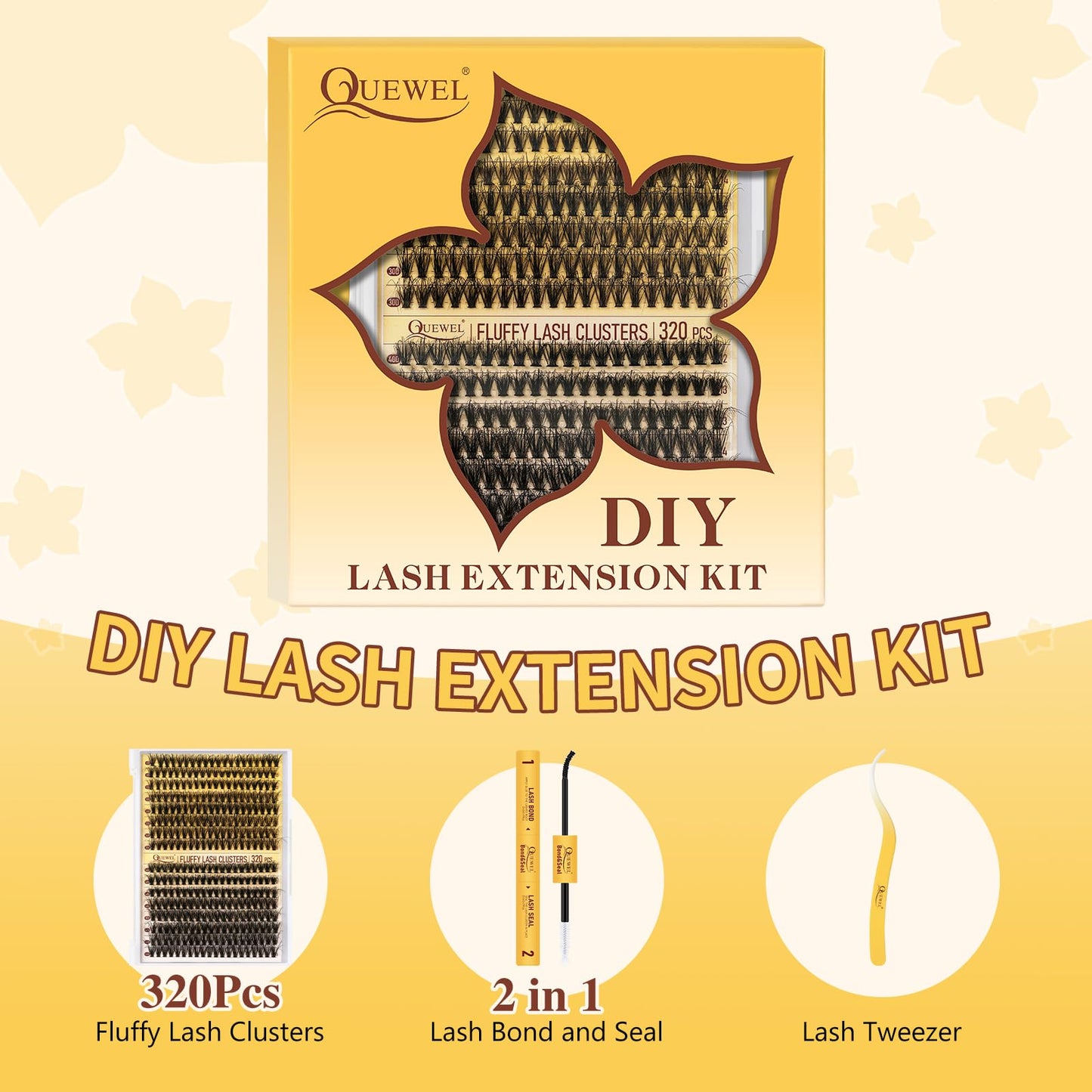 QUEWEL DIY Lash Extension Kit, 320Pcs 30D+40D Fluffy Lash Clusters Mix 12-18mm Lash Clusters Kit with Lash Bond and Seal Lash Applicator Tool for False Eyelash Cluster Kit at Home(30+40D Fluffy Kit)