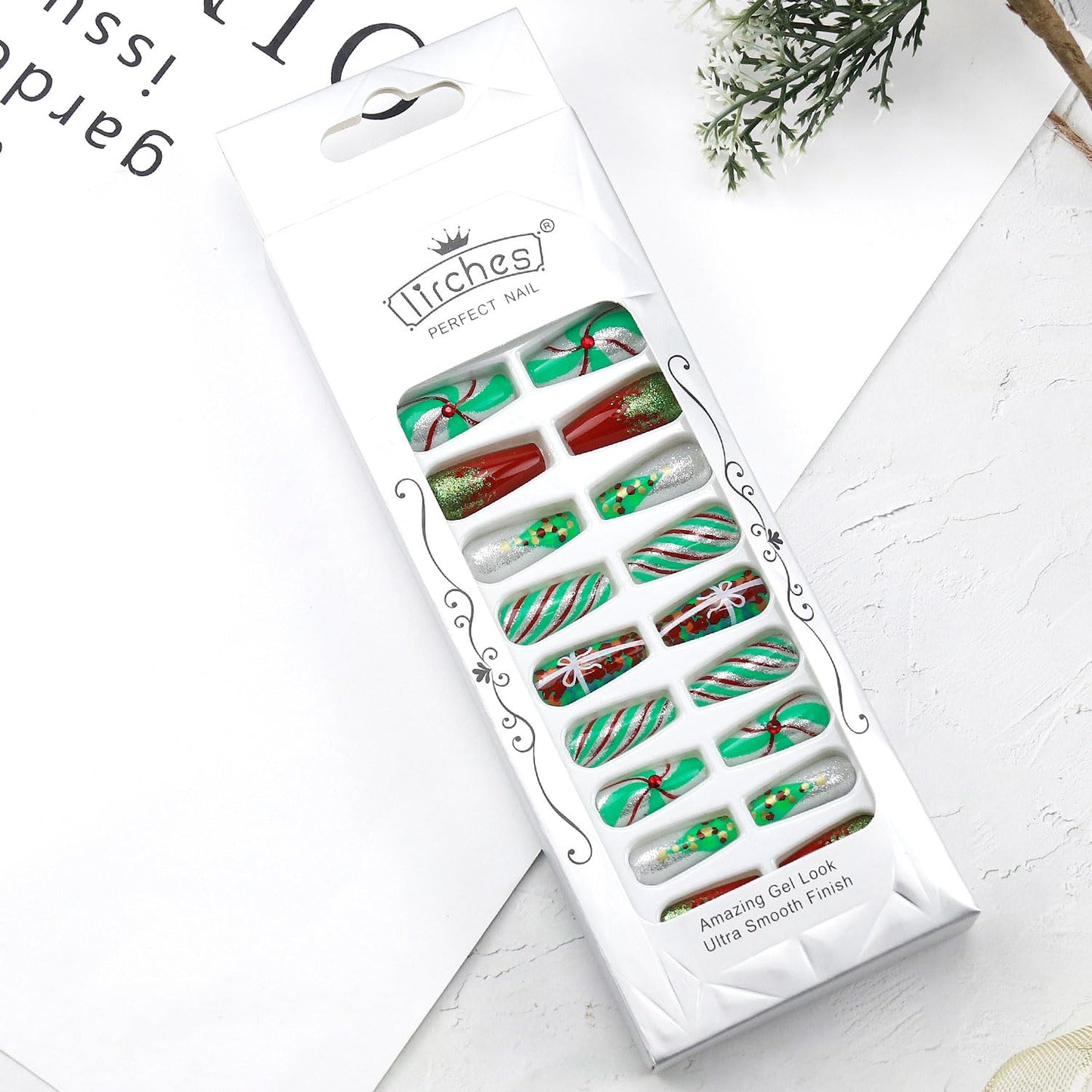 Christmas Press on Nails Medium Length Square Christmas Fake Nails Xmas Green Red Sliver False Nails Glitter Gift Christmas Tree Design Acrylic Full Cover Glue on Nails for Women Girls 24Pcs