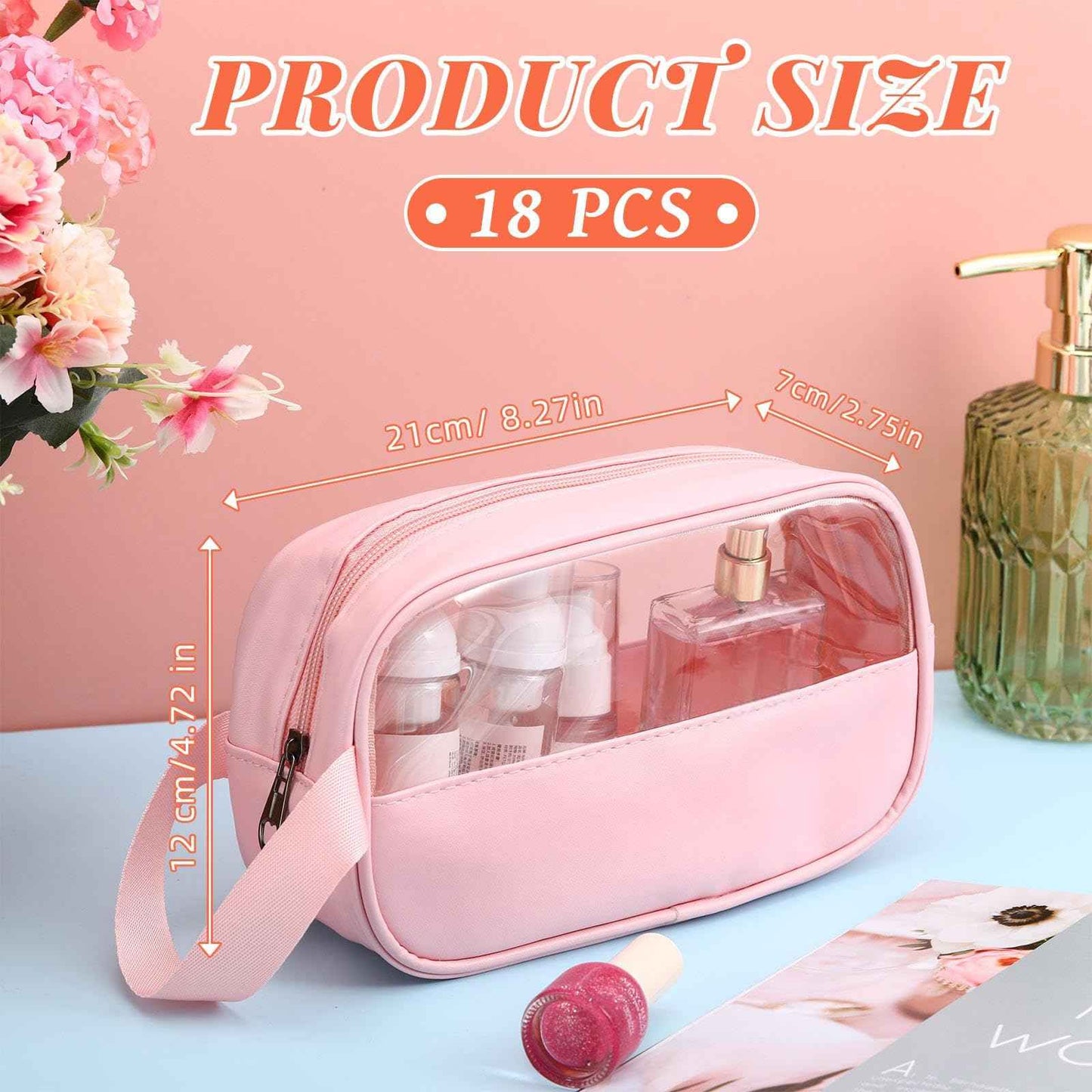 Tanlade 18 Pcs Clear Cosmetic Bags Bulk, Translucent Makeup Toiletry Bag for Women Waterproof Portable Cosmetic Bag Set Traveling Make up Organizer(Pink)