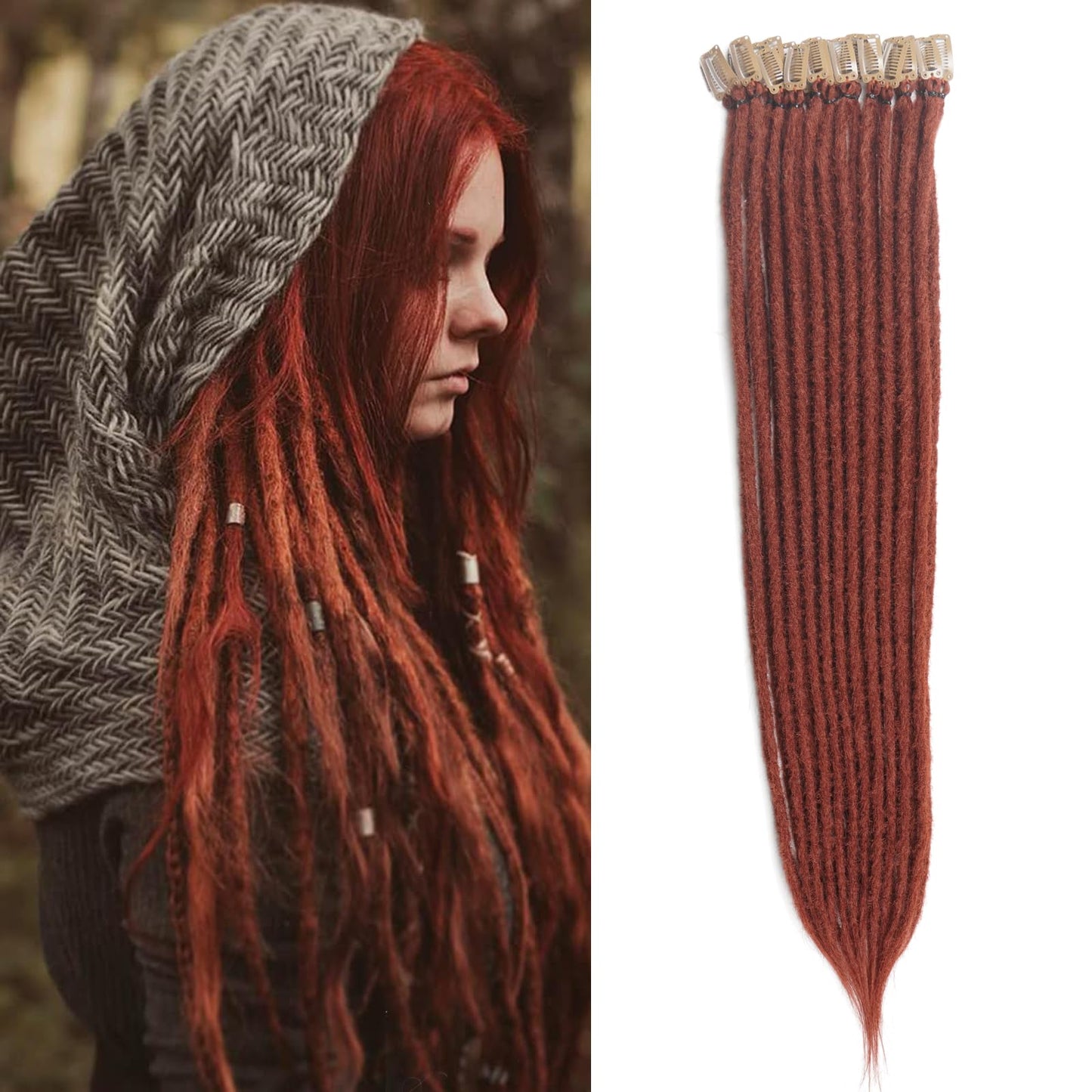 Kyriena 24 Inch Red Dreadlock Extensions Clip In, 6PCS Thin 0.6cm Width Ginger Synthetic Clip In Dreads Hair Extensions Handmade Single Ended Dreadlocks Hippie Style for Girls