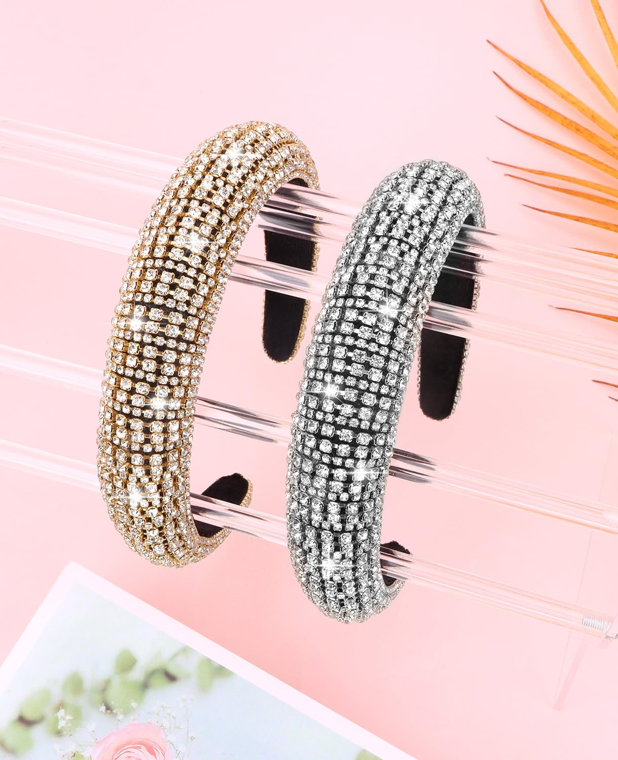 Wecoe 2pcs Silver Gold Rhinestone Headbands Thick Padded Puffy Headband Bling Glitter Sparkly Diamond Headband Non Slip Fashion Head Band Holiday Formal Hair Accessories For Women Girls Gifts