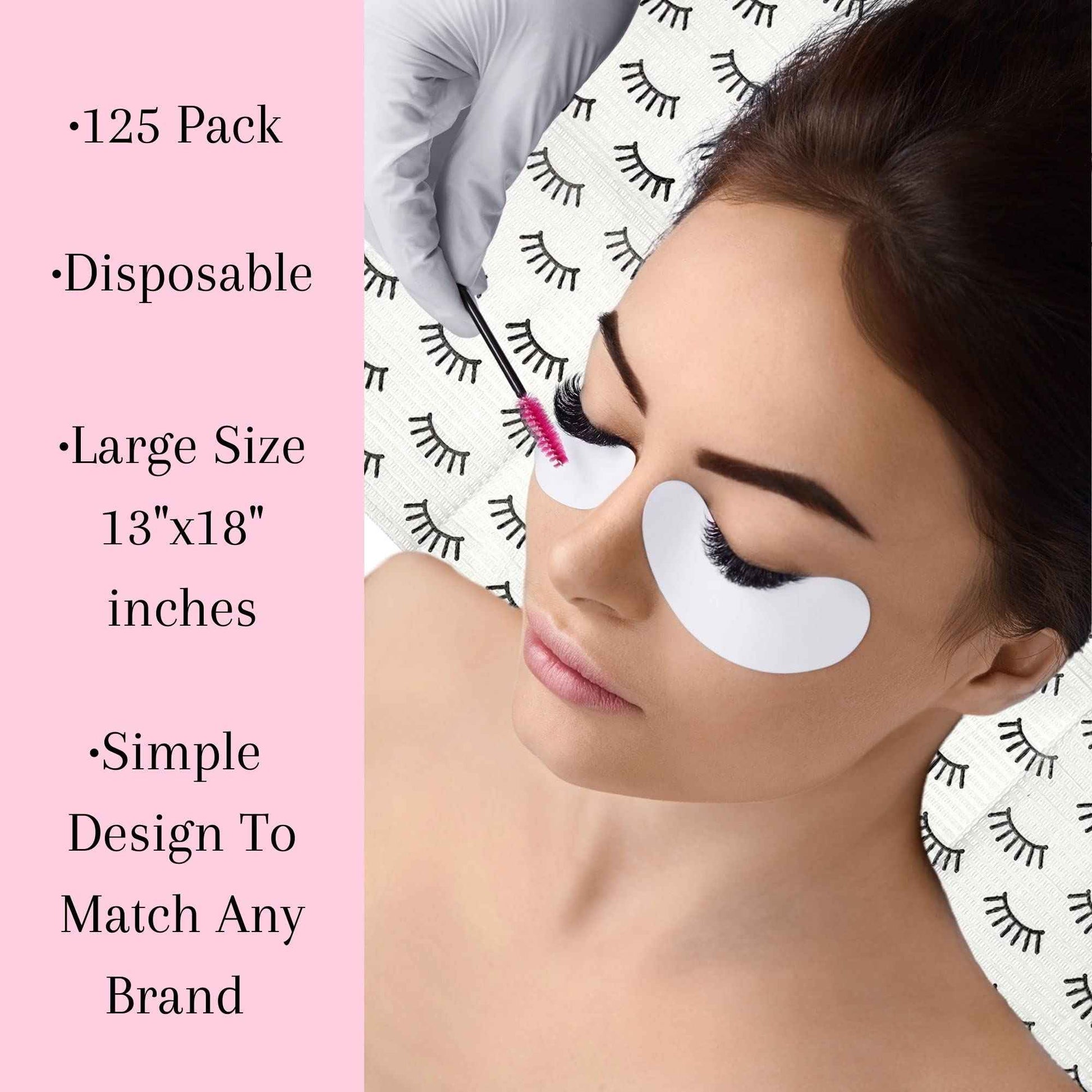 Disposable Lashing Dental Bib | 125 Pack | Size 13x18" inches | Eyelash Extension Supplies | White Bib with Simple Lash Print Design