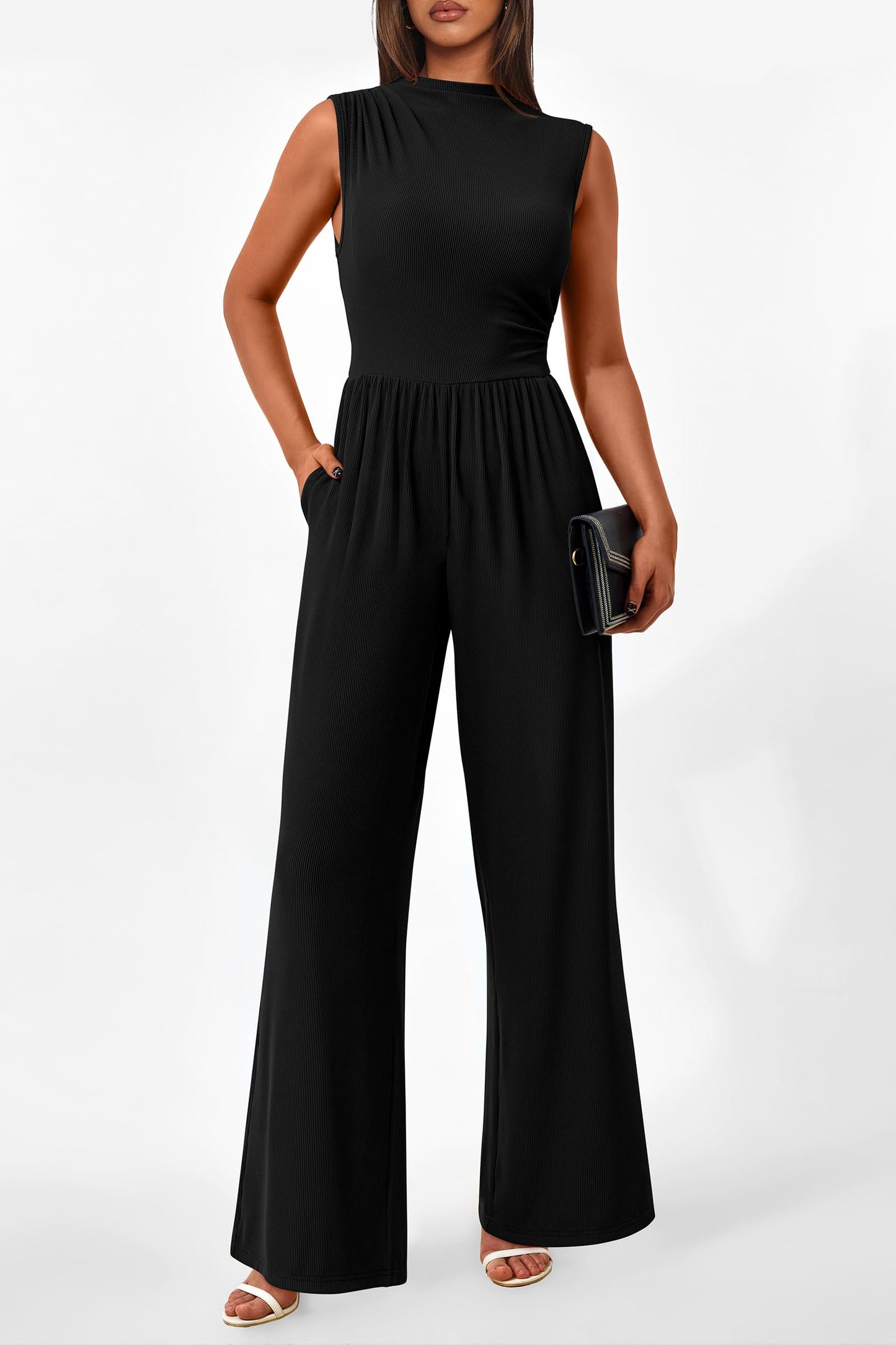 PRETTYGARDEN Womens Summer Jumpsuits Dressy Casual One Piece Outfits Sleeveless Mock Neck Wide Leg Pants Rompers with Pockets (Style2-Black,Small)