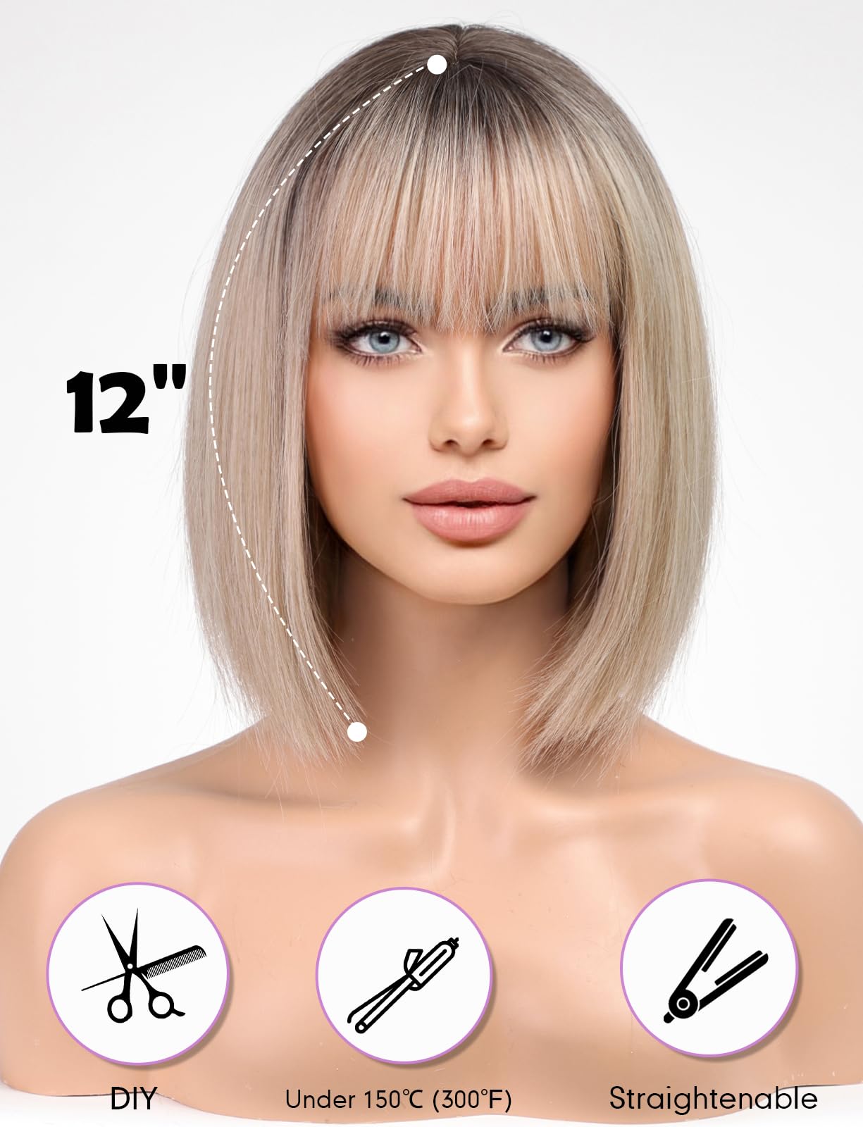 Getshow Brown Short Bob Wig with Bangs for Women Synthetic Wig