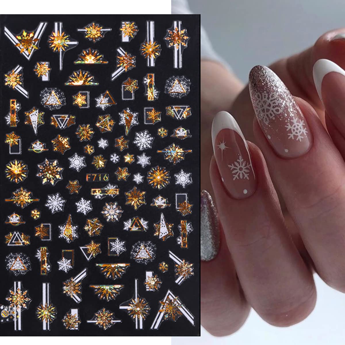 8 Sheets Gold Snowflake Nail Art Stickers Christmas Nail Decals 3D Self-Adhesive Winter Nail Supplies Xmas Snowflake Nail Stickers Bronzing Designs Holiday Nail Charms for Women Girls Nail Decorations