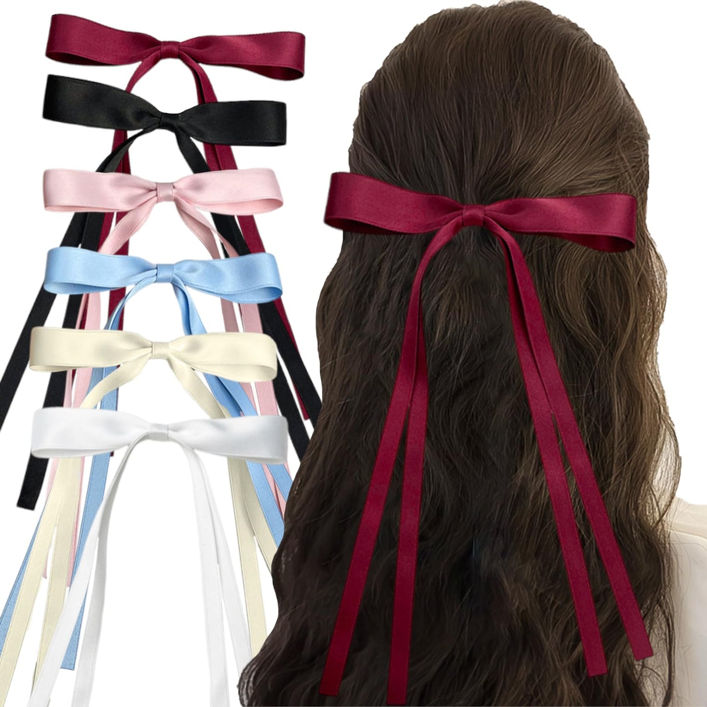 Bow Hair Clips for Women Long Tail Tassel Ribbon Bow Hair Barrettes Women Hair Accessories French Ballet Style 6 Pcs（Pink, Beige, Black, White, Blue, Green）