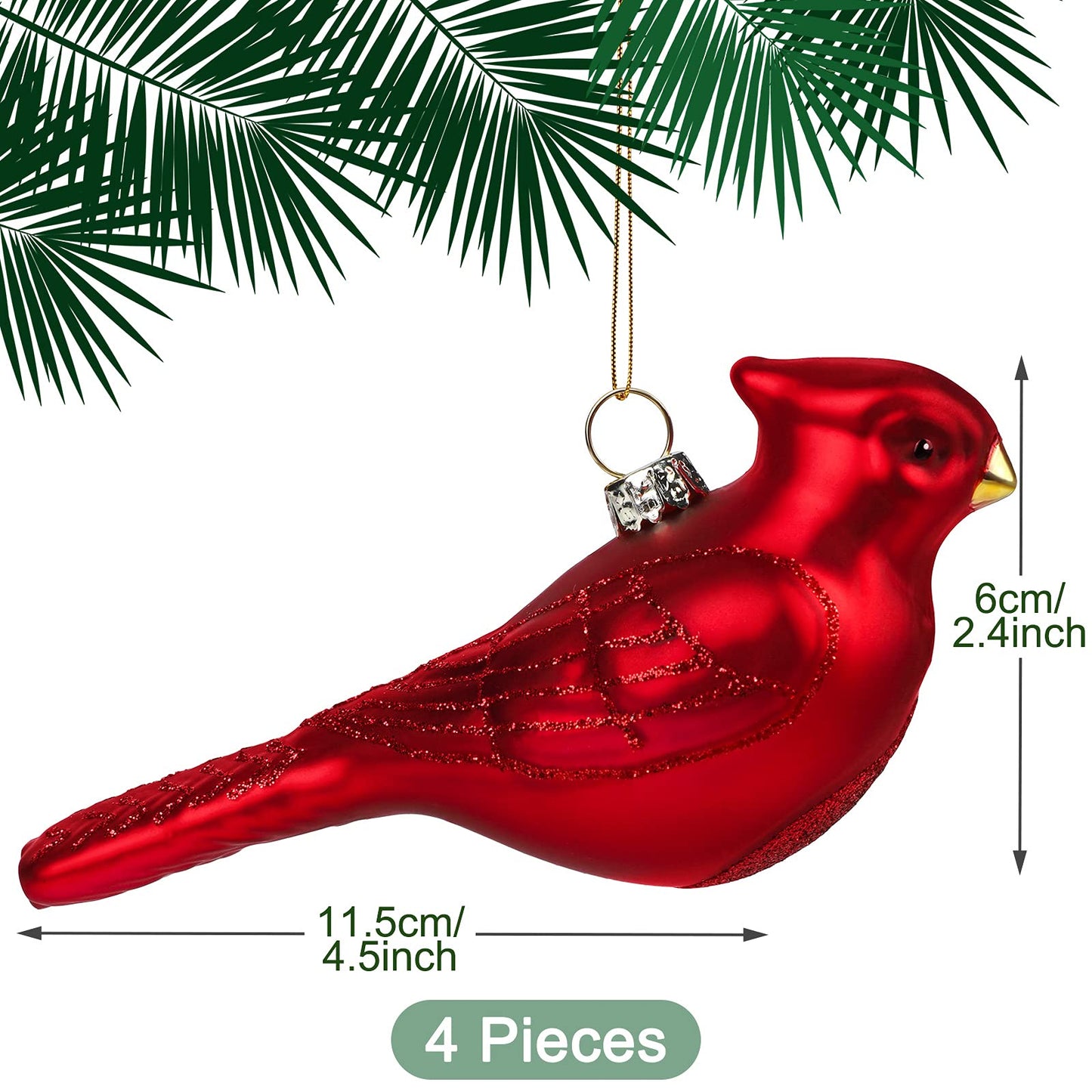 Elcoho Christmas 4 Pack Red Bird Glass Blown Ornaments for Christmas Tree, Northern Cardinal