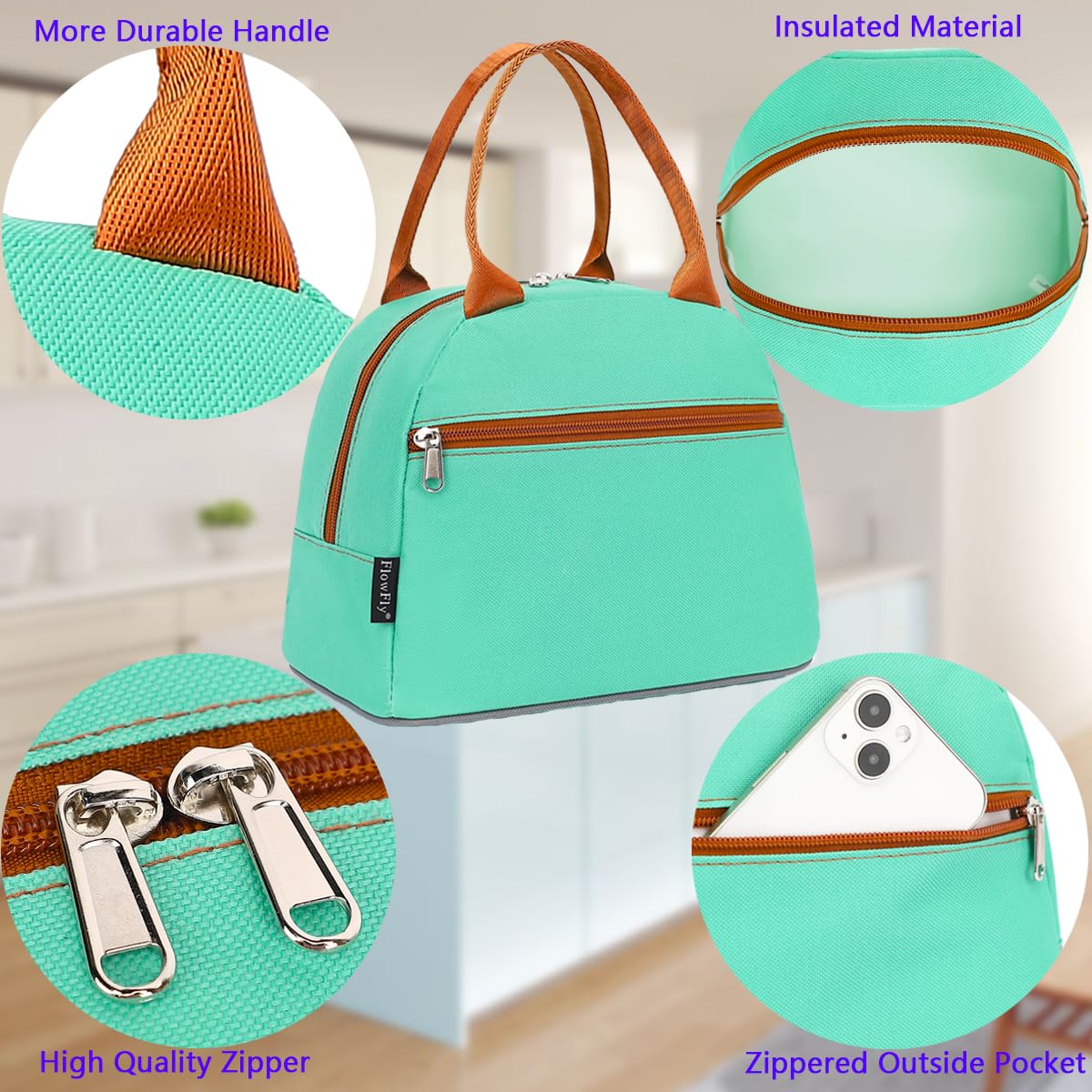 FlowFly Lunch Bag Tote Bag Lunch Organizer Lunch Holder Insulated Lunch Cooler Bag for Women/Men, Jade