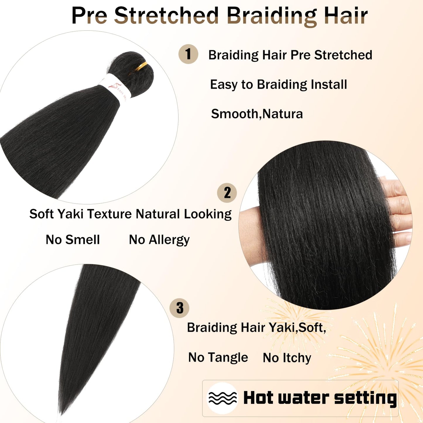 Pre Stretched Braiding Hair 26 Inch Braiding Hair 2 Packs Yaki Texture Hot Water Setting Synthetic Fiber Braiding Hair Extension Crochet Twist Braids (26inch 2Packs 1B#)