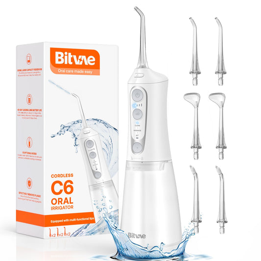 Bitvae C6 Water Dental Flosser for Teeth, Rechargeable Cordless Water Flosser, IPX7 Waterproof Braces Flossers Cleaner, 3 Modes 5 intensities, Advanced Water Dental Picks for Cleaning, White