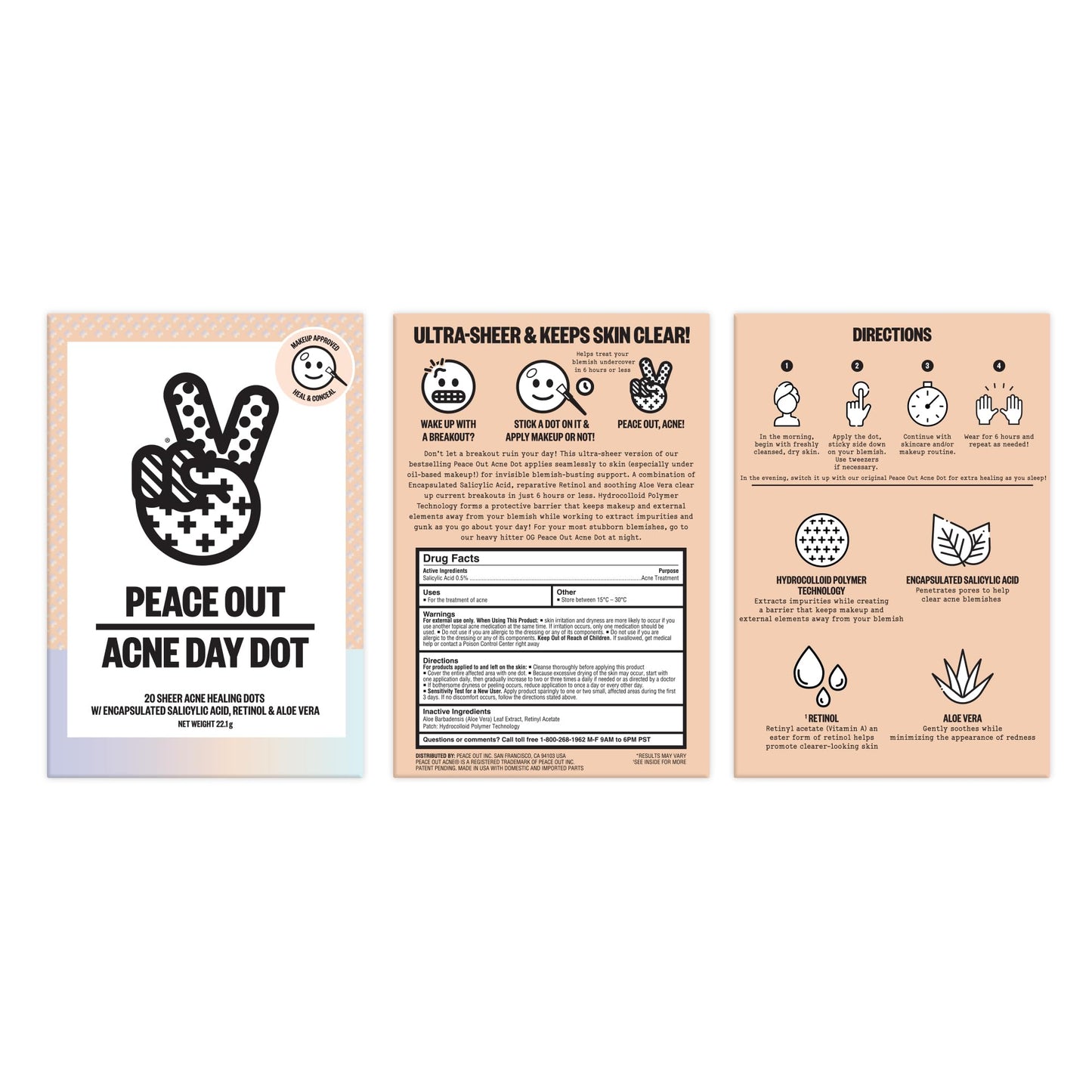 PEACE OUT Skincare Acne Day Dot Jumbo, 6-hour Fast Acting Sheer Hydrocolloid Pimple Patches with Salicylic Acid, Ultra-Thin, Virtually Invisible, Quickly Clear Breakouts, Blemishes and Zits, 40 dots