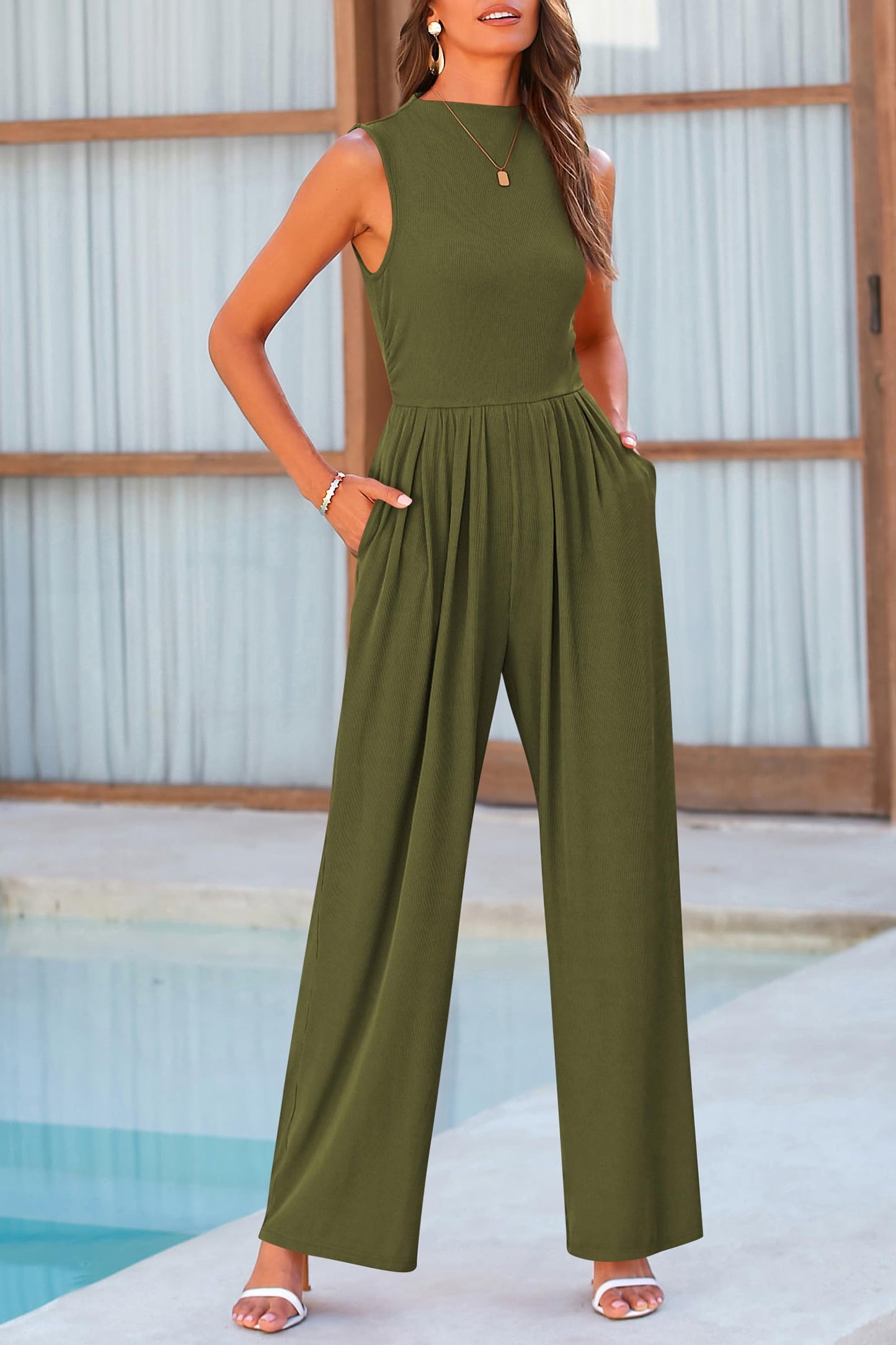 PRETTYGARDEN Womens Summer Jumpsuits Dressy Casual One Piece Outfits Sleeveless Mock Neck Wide Leg Pants Rompers with Pockets (Army Green,Small)